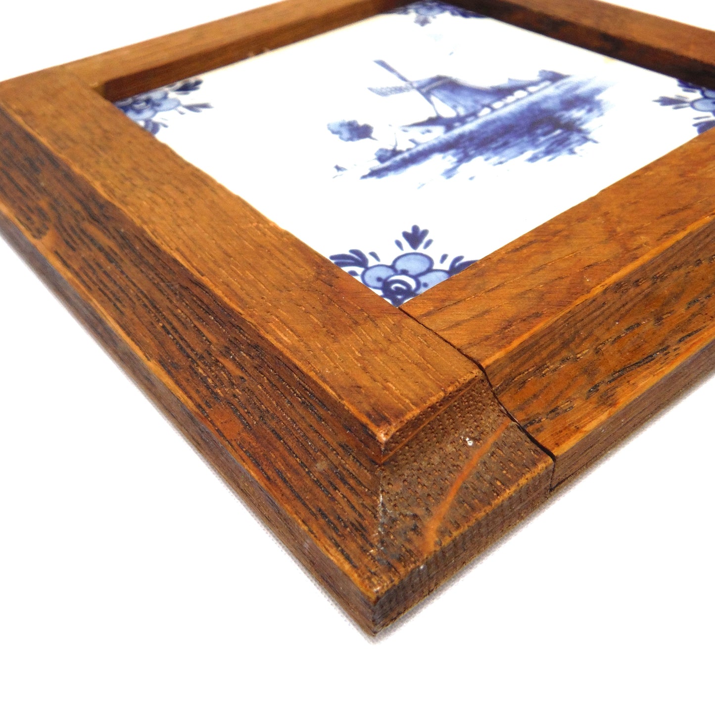Mid-Century Wood Framed Windmill Tile by DELFT BLUE of Holland