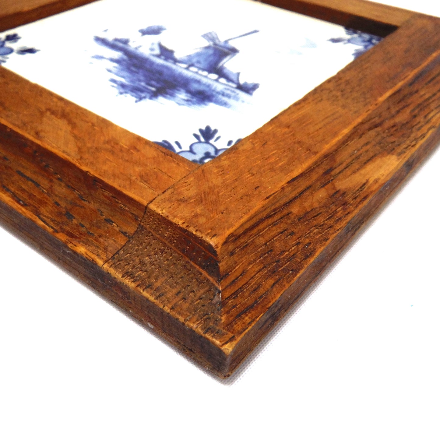 Mid-Century Wood Framed Windmill Tile by DELFT BLUE of Holland