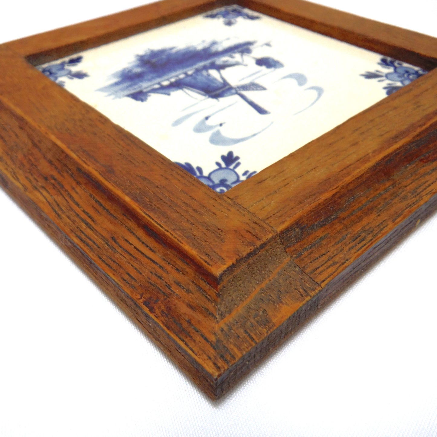 Mid-Century Wood Framed Windmill Tile by DELFT BLUE of Holland