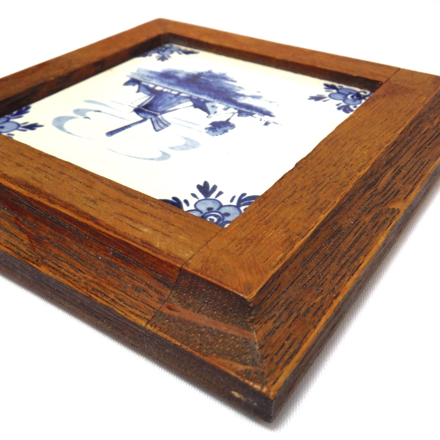 Mid-Century Wood Framed Windmill Tile by DELFT BLUE of Holland