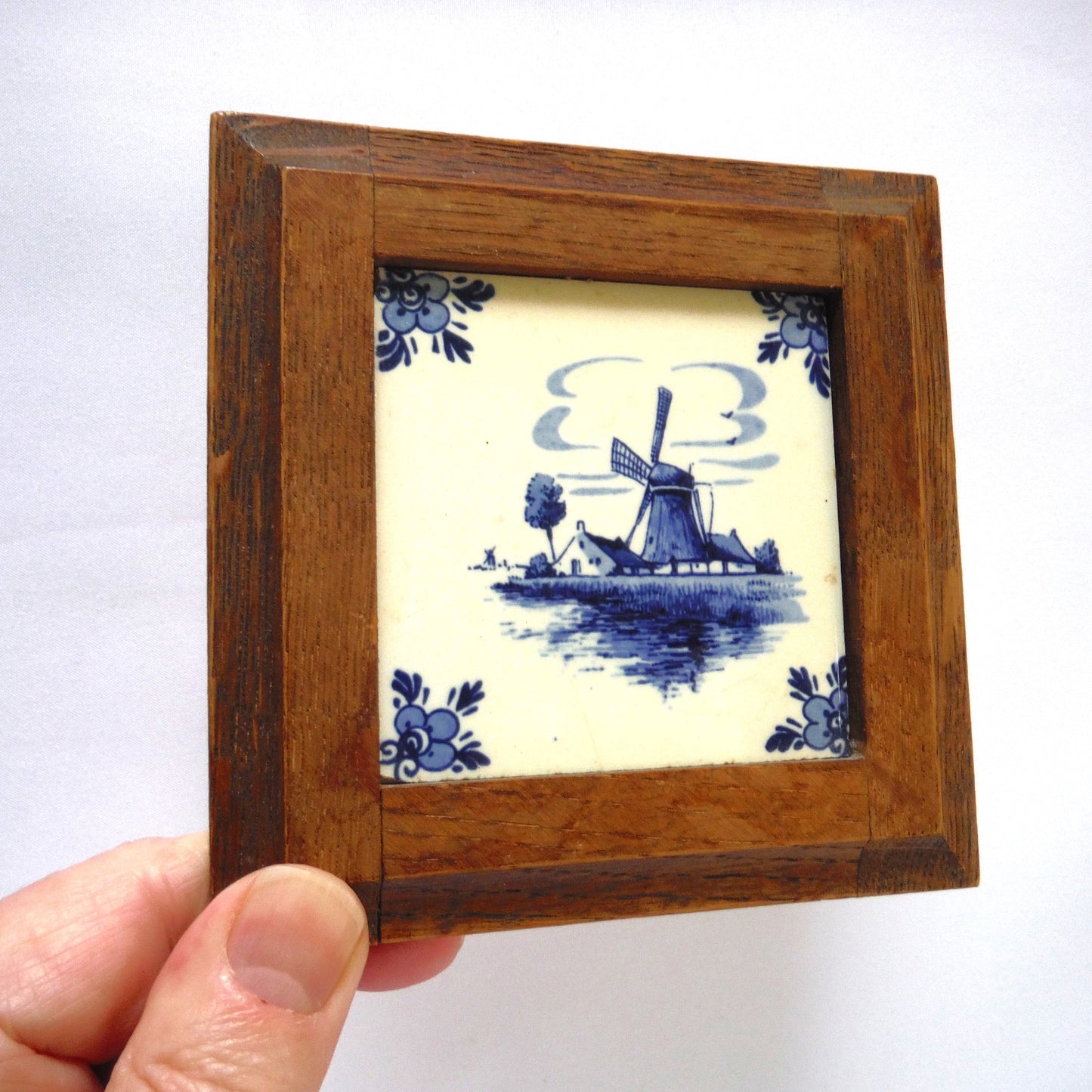 Mid-Century Wood Framed Windmill Tile by DELFT BLUE of Holland