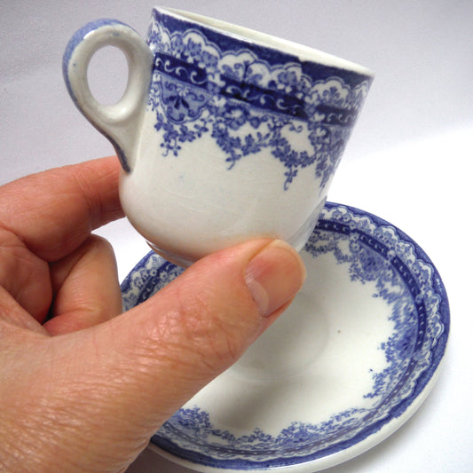 1955 Rare Vintage John Maddock Blue and White DEMITASSE CUP AND SAUCER, Made in England for Marshall Wells.