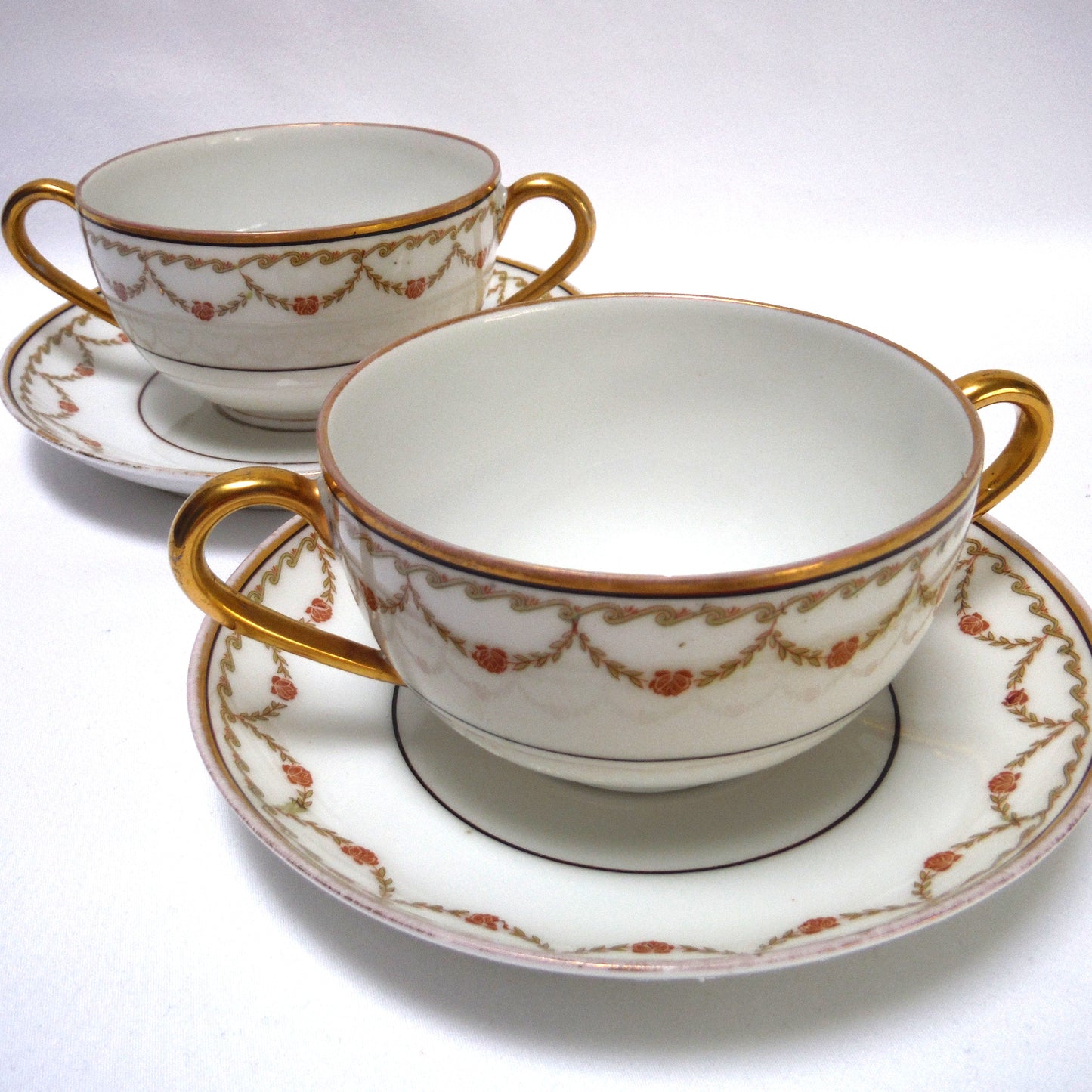 Vintage Pair of TWO-HANDLED SOUP BOWLS and Matching Saucers, by Imperial Crown China of Austria