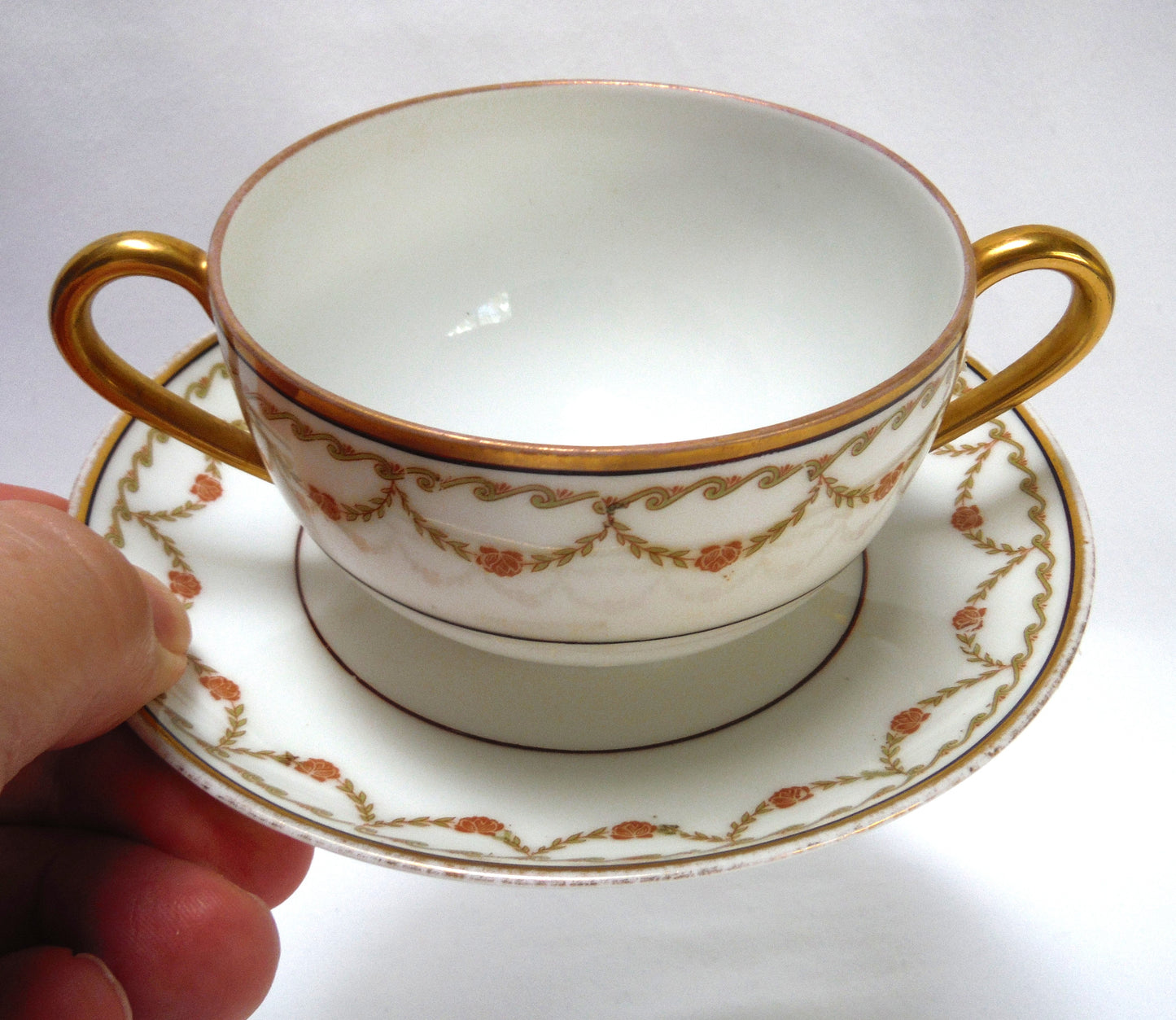 Vintage Pair of TWO-HANDLED SOUP BOWLS and Matching Saucers, by Imperial Crown China of Austria
