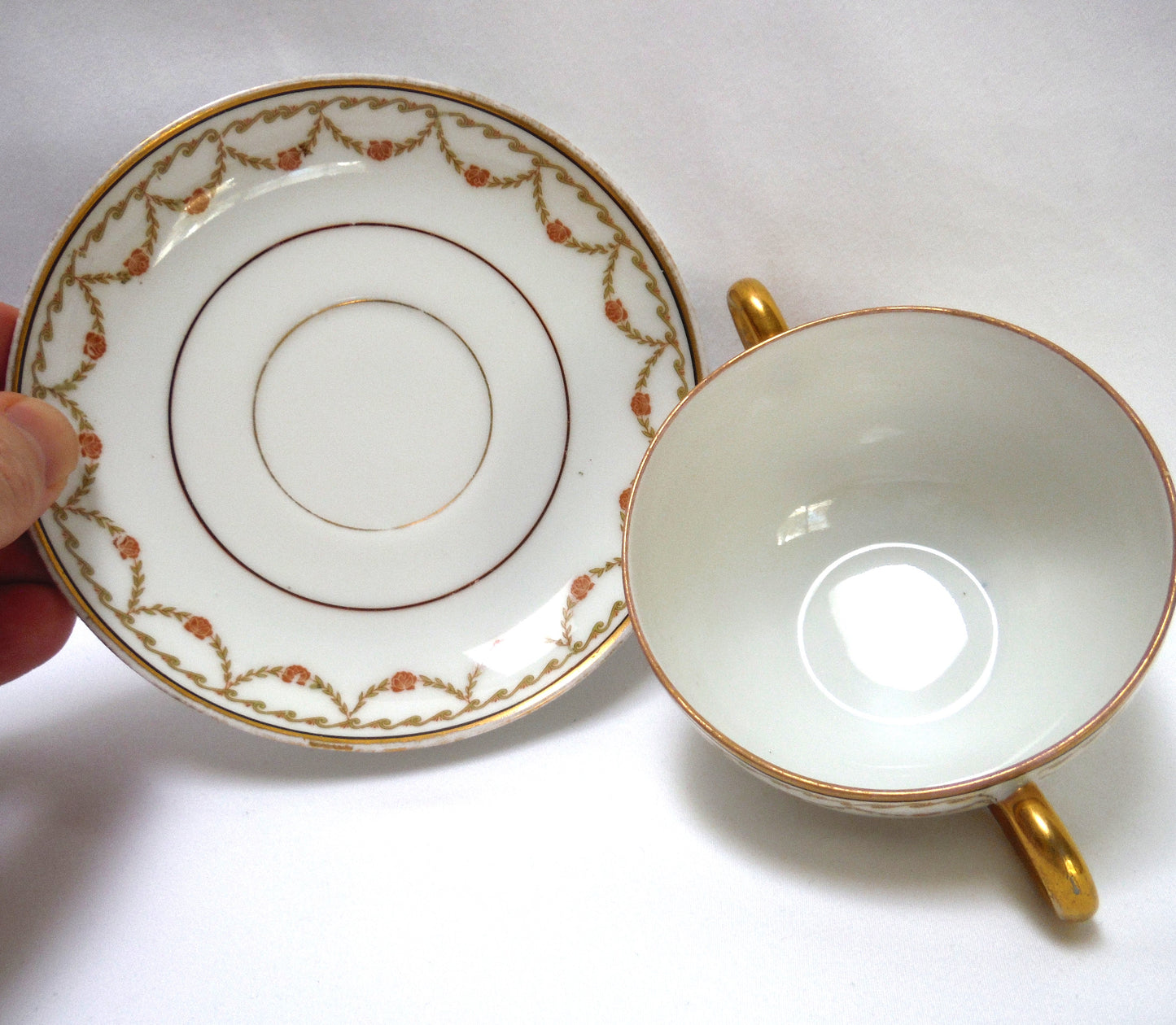 Vintage Pair of TWO-HANDLED SOUP BOWLS and Matching Saucers, by Imperial Crown China of Austria