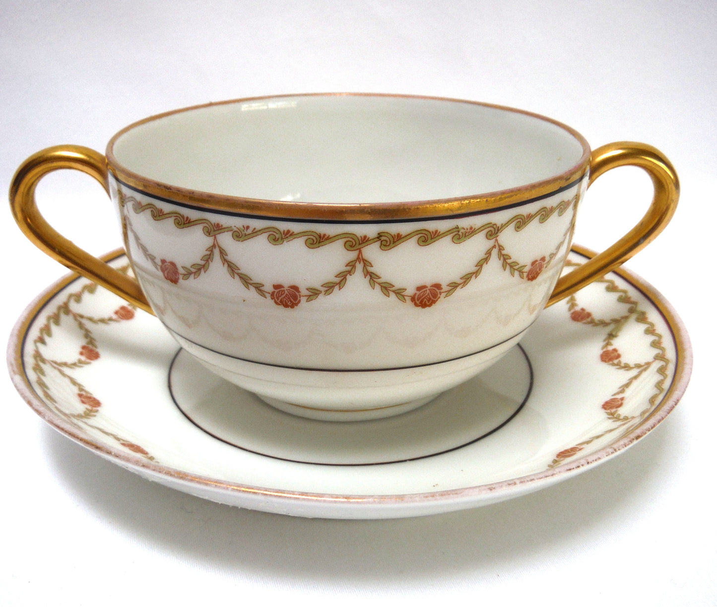 Vintage Pair of TWO-HANDLED SOUP BOWLS and Matching Saucers, by Imperial Crown China of Austria