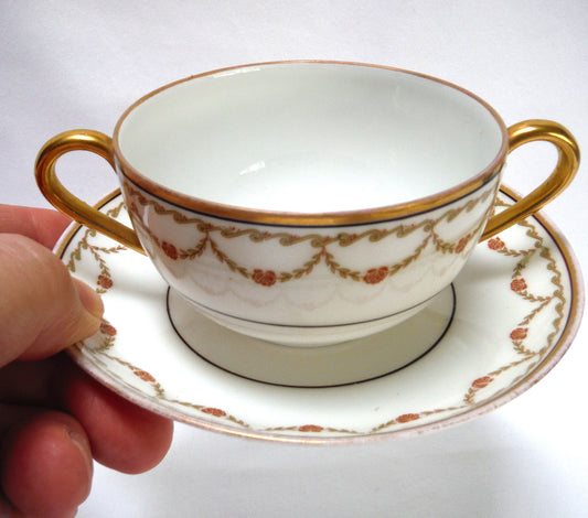 Vintage Pair of TWO-HANDLED SOUP BOWLS and Matching Saucers, by Imperial Crown China of Austria