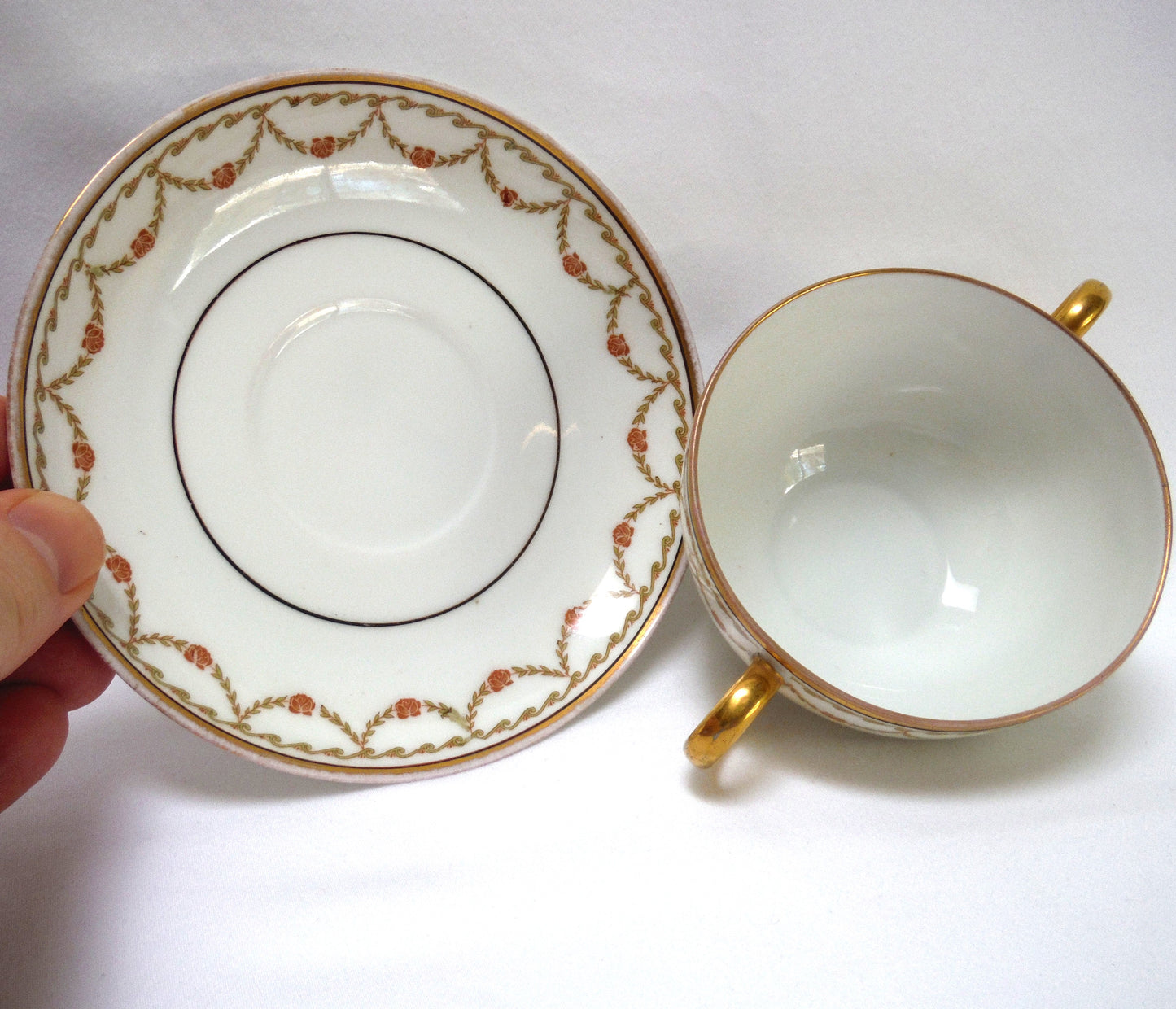 Vintage Pair of TWO-HANDLED SOUP BOWLS and Matching Saucers, by Imperial Crown China of Austria