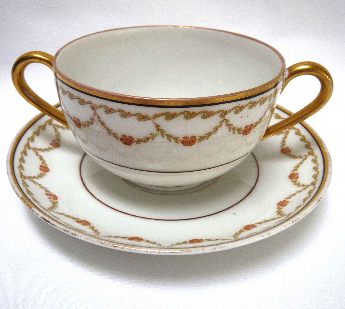 Vintage Pair of TWO-HANDLED SOUP BOWLS and Matching Saucers, by Imperial Crown China of Austria