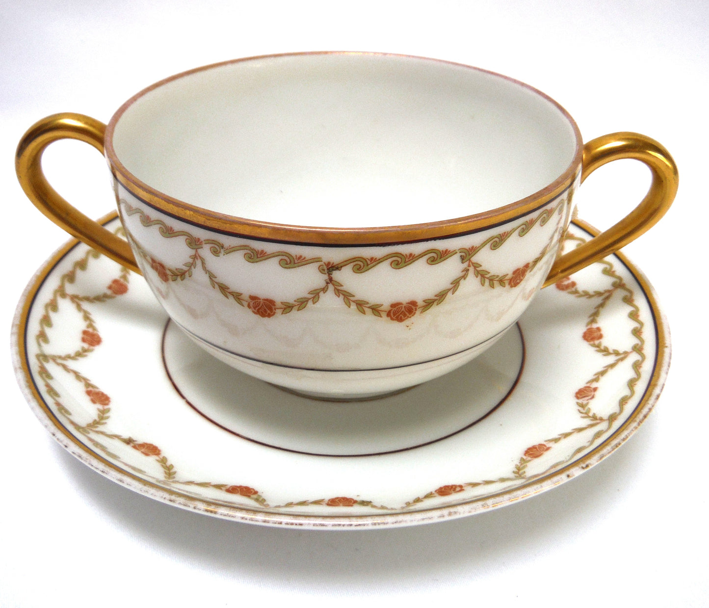 Vintage Pair of TWO-HANDLED SOUP BOWLS and Matching Saucers, by Imperial Crown China of Austria