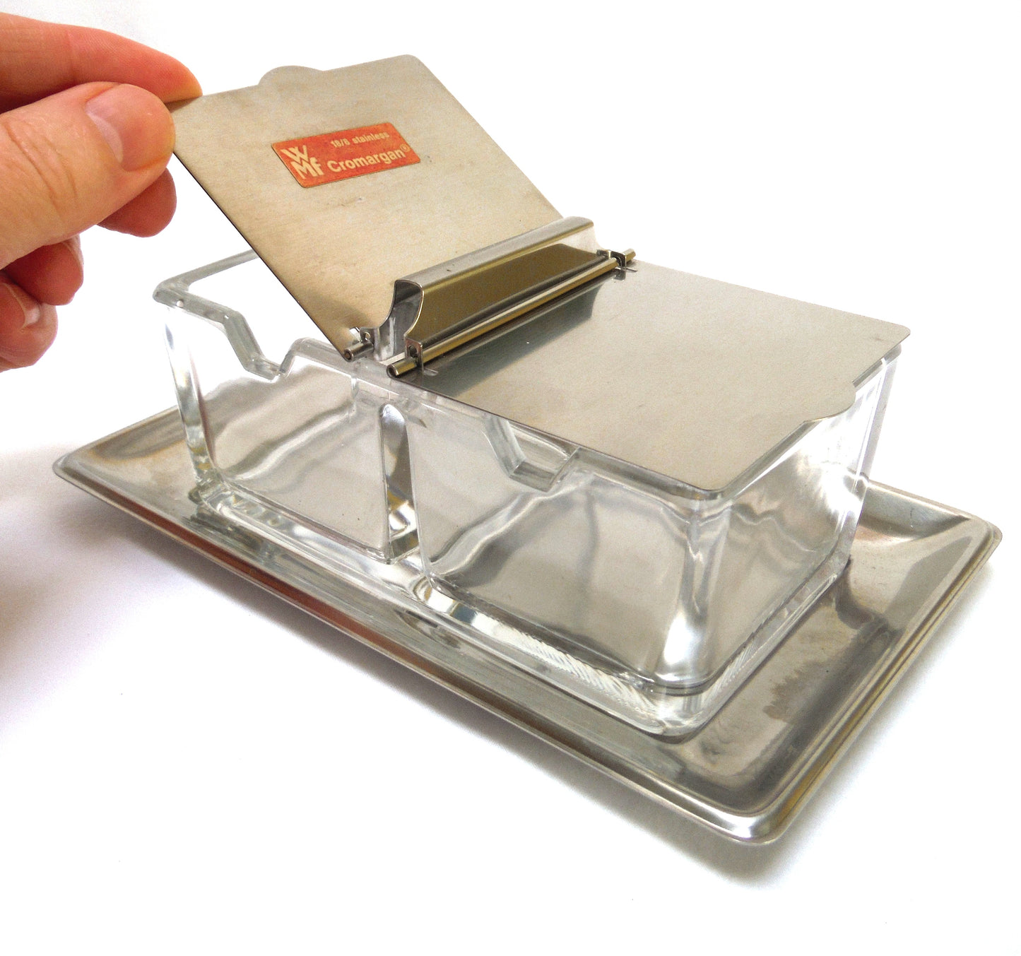 Mid-Century WMF CROMARGAN Glass Two-Sided German Condiment Server, with Matching Stainless Steel Tray