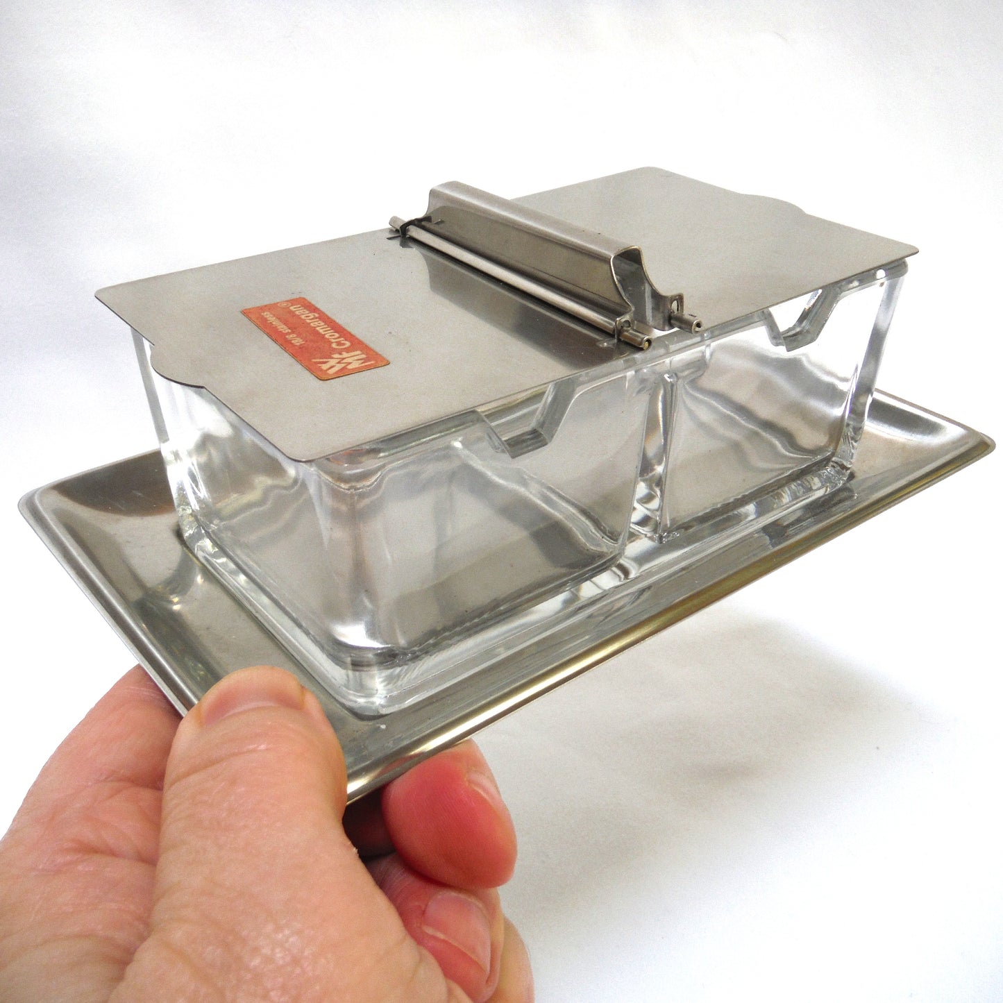 Mid-Century WMF CROMARGAN Glass Two-Sided German Condiment Server, with Matching Stainless Steel Tray
