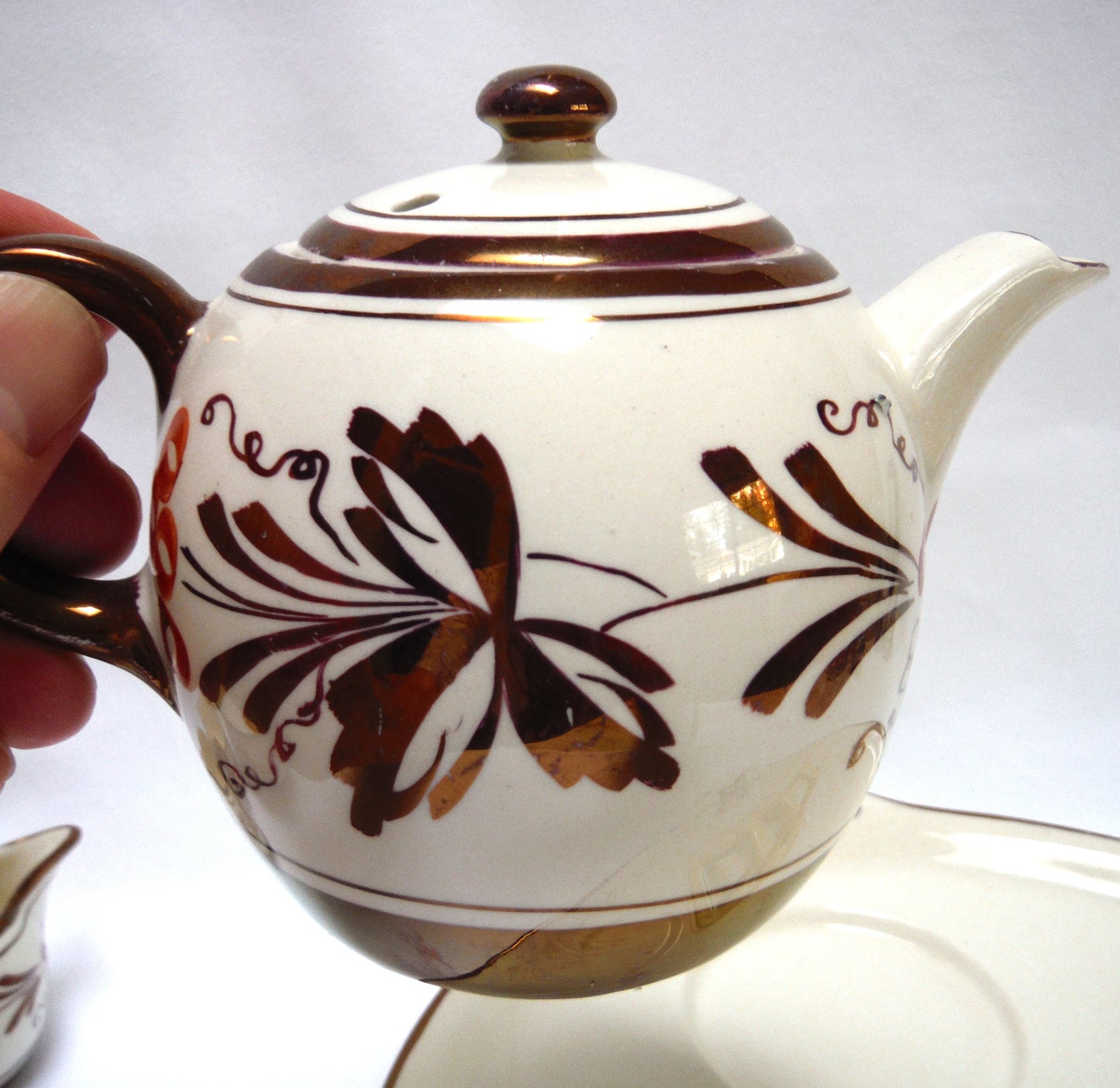 VINTAGE RARE INDIVIDUAL BACHELOR BREAKFAST TEA SET: Gray's Pottery Stoke on Trent Sam Talbot Copper Luster
