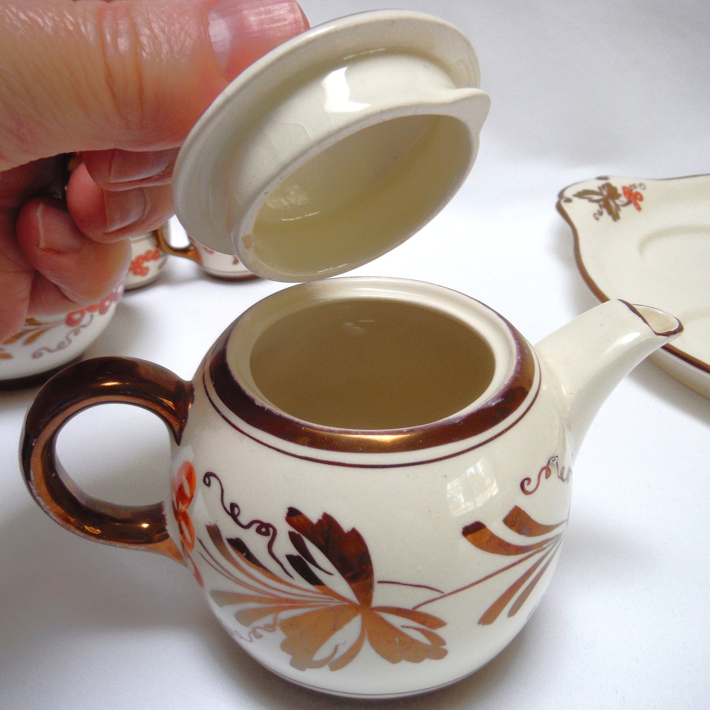 VINTAGE RARE INDIVIDUAL BACHELOR BREAKFAST TEA SET: Gray's Pottery Stoke on Trent Sam Talbot Copper Luster