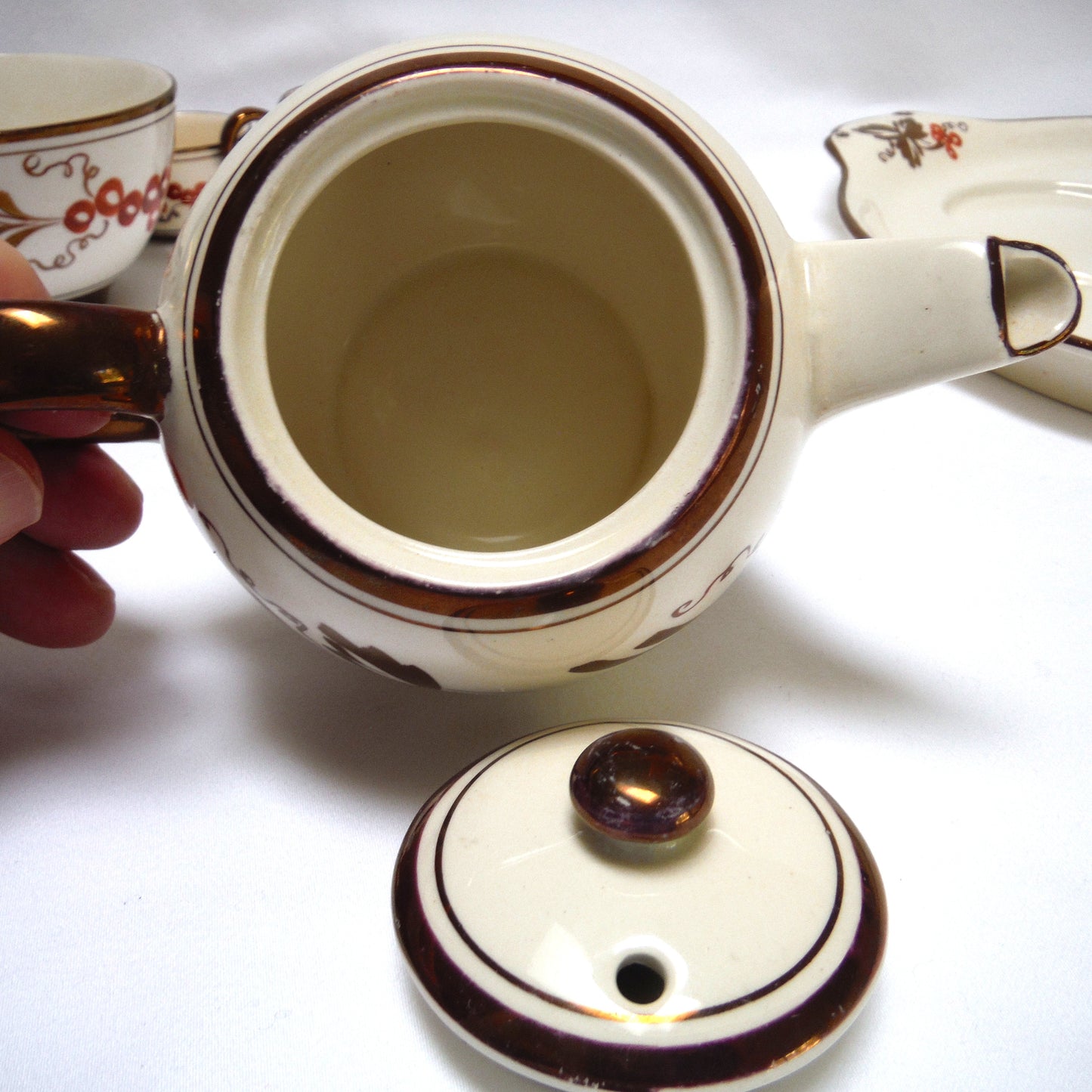 VINTAGE RARE INDIVIDUAL BACHELOR BREAKFAST TEA SET: Gray's Pottery Stoke on Trent Sam Talbot Copper Luster