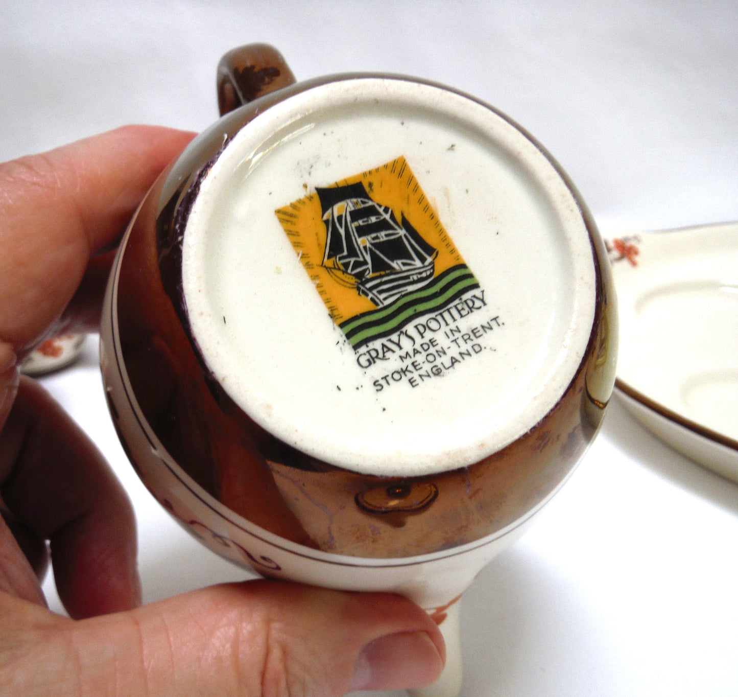 VINTAGE RARE INDIVIDUAL BACHELOR BREAKFAST TEA SET: Gray's Pottery Stoke on Trent Sam Talbot Copper Luster