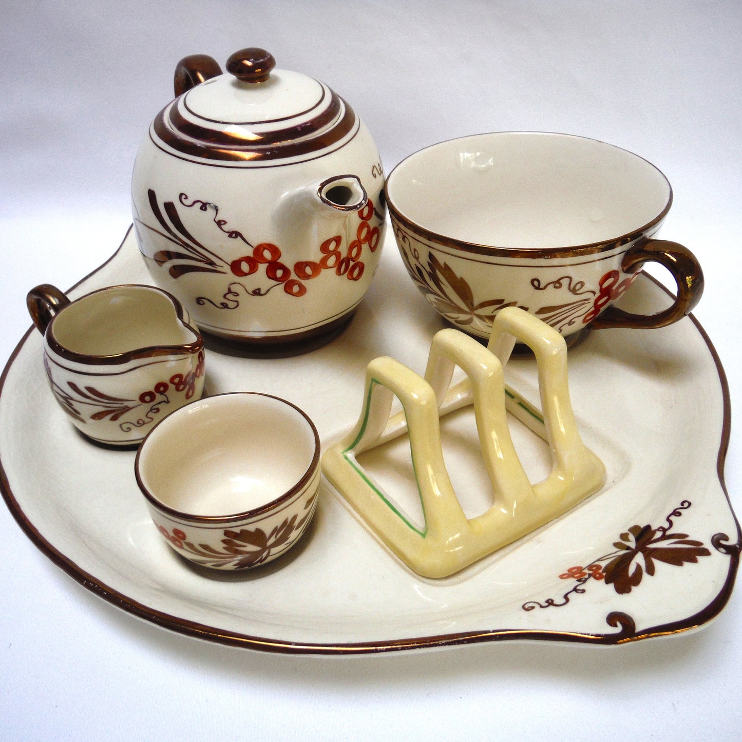 VINTAGE RARE INDIVIDUAL BACHELOR BREAKFAST TEA SET: Gray's Pottery Stoke on Trent Sam Talbot Copper Luster