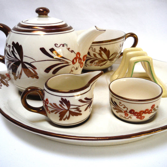 VINTAGE RARE INDIVIDUAL BACHELOR BREAKFAST TEA SET: Gray's Pottery Stoke on Trent Sam Talbot Copper Luster