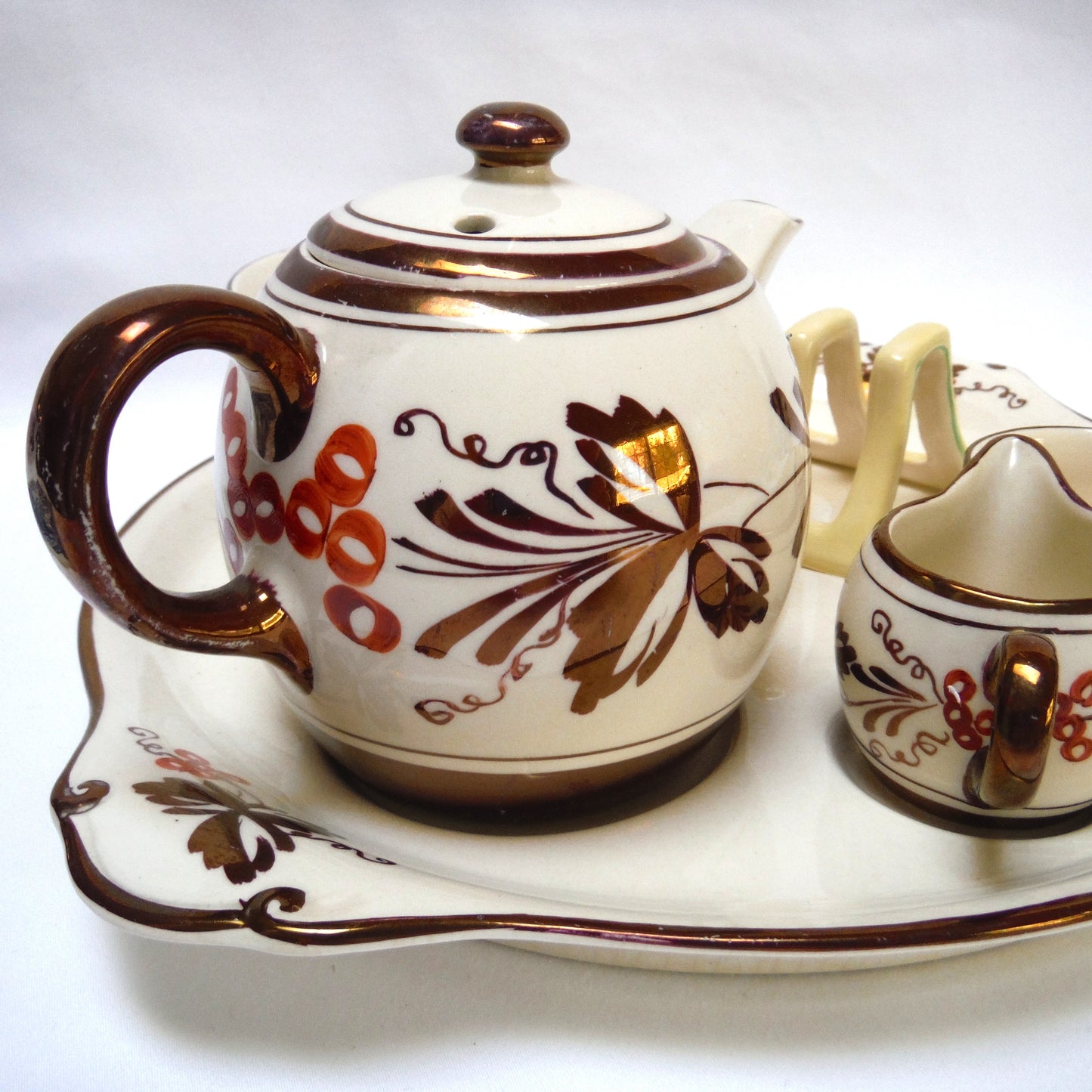 VINTAGE RARE INDIVIDUAL BACHELOR BREAKFAST TEA SET: Gray's Pottery Stoke on Trent Sam Talbot Copper Luster