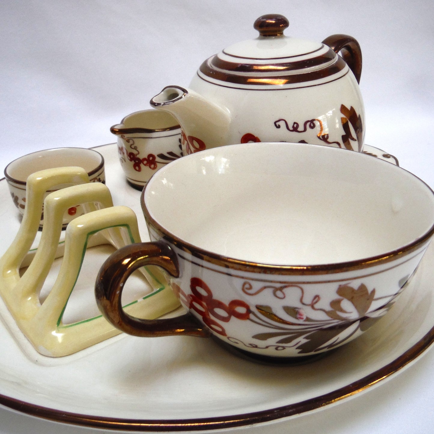 VINTAGE RARE INDIVIDUAL BACHELOR BREAKFAST TEA SET: Gray's Pottery Stoke on Trent Sam Talbot Copper Luster