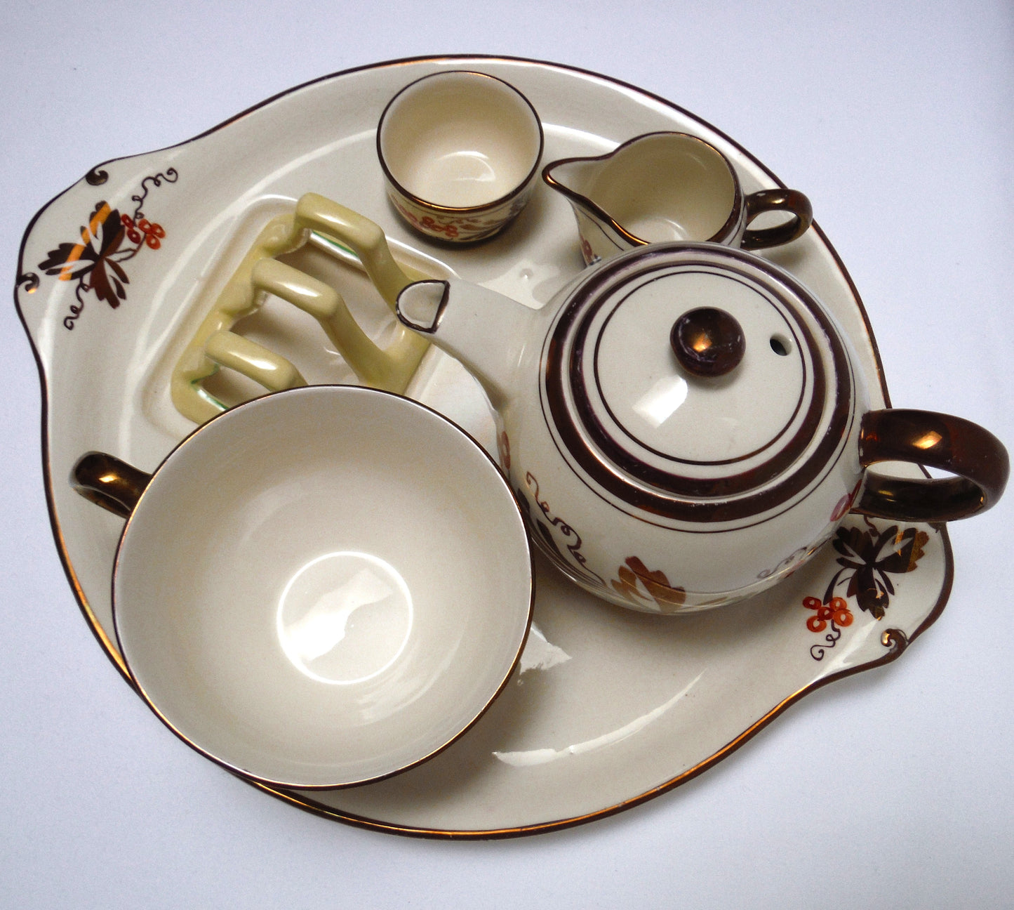 VINTAGE RARE INDIVIDUAL BACHELOR BREAKFAST TEA SET: Gray's Pottery Stoke on Trent Sam Talbot Copper Luster