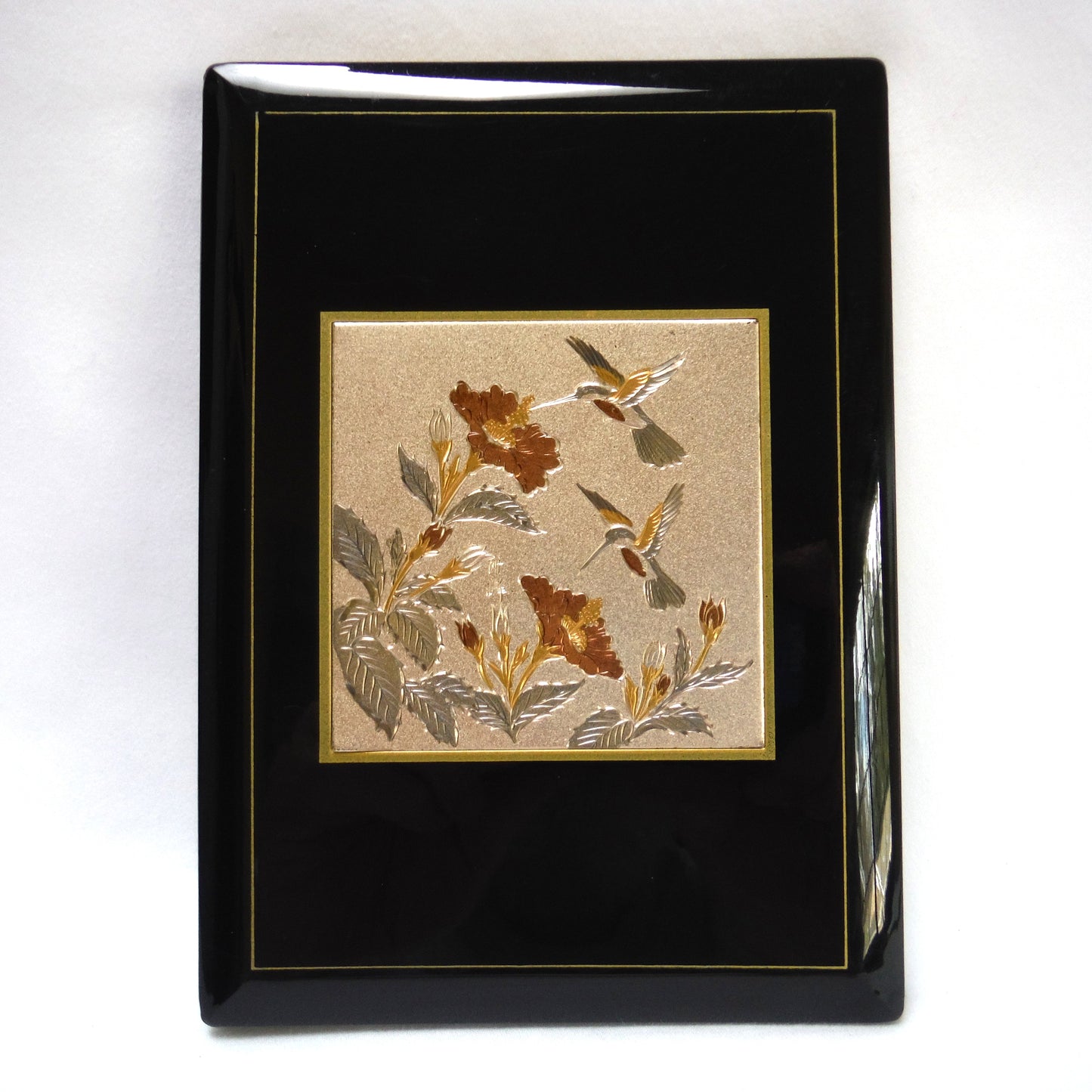 Vintage Address Book Black Lacquer on Bakelite: 'TWO HUMMINGBIRDS FEEDING' Made in Japan
