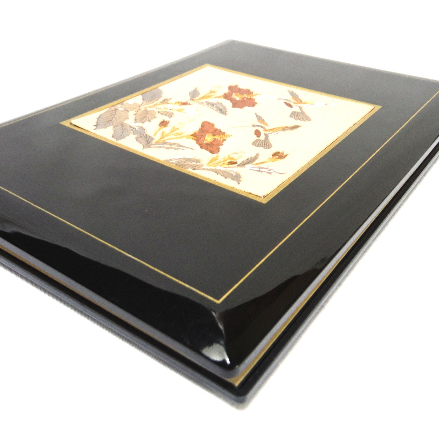 Vintage Address Book Black Lacquer on Bakelite: 'TWO HUMMINGBIRDS FEEDING' Made in Japan