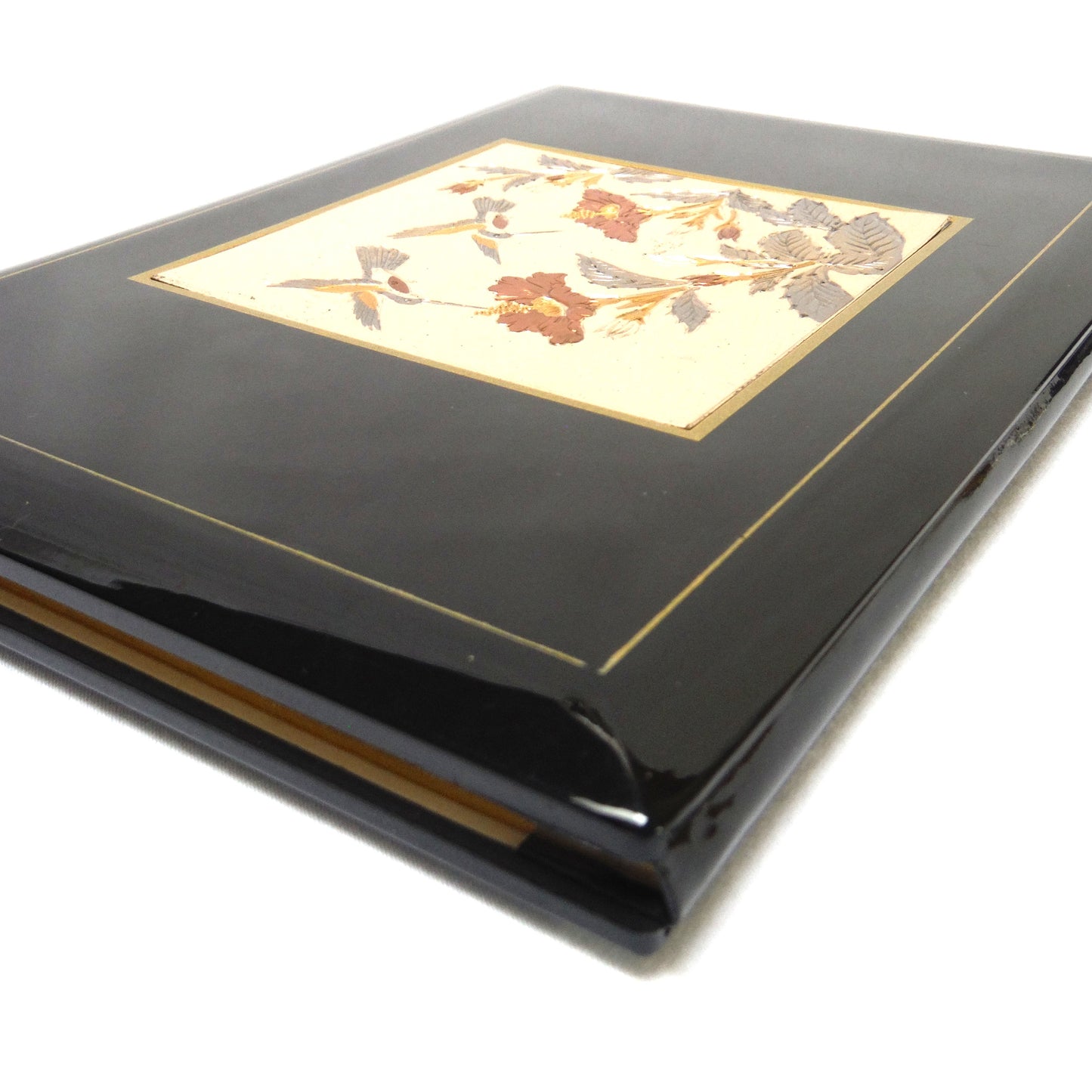 Vintage Address Book Black Lacquer on Bakelite: 'TWO HUMMINGBIRDS FEEDING' Made in Japan