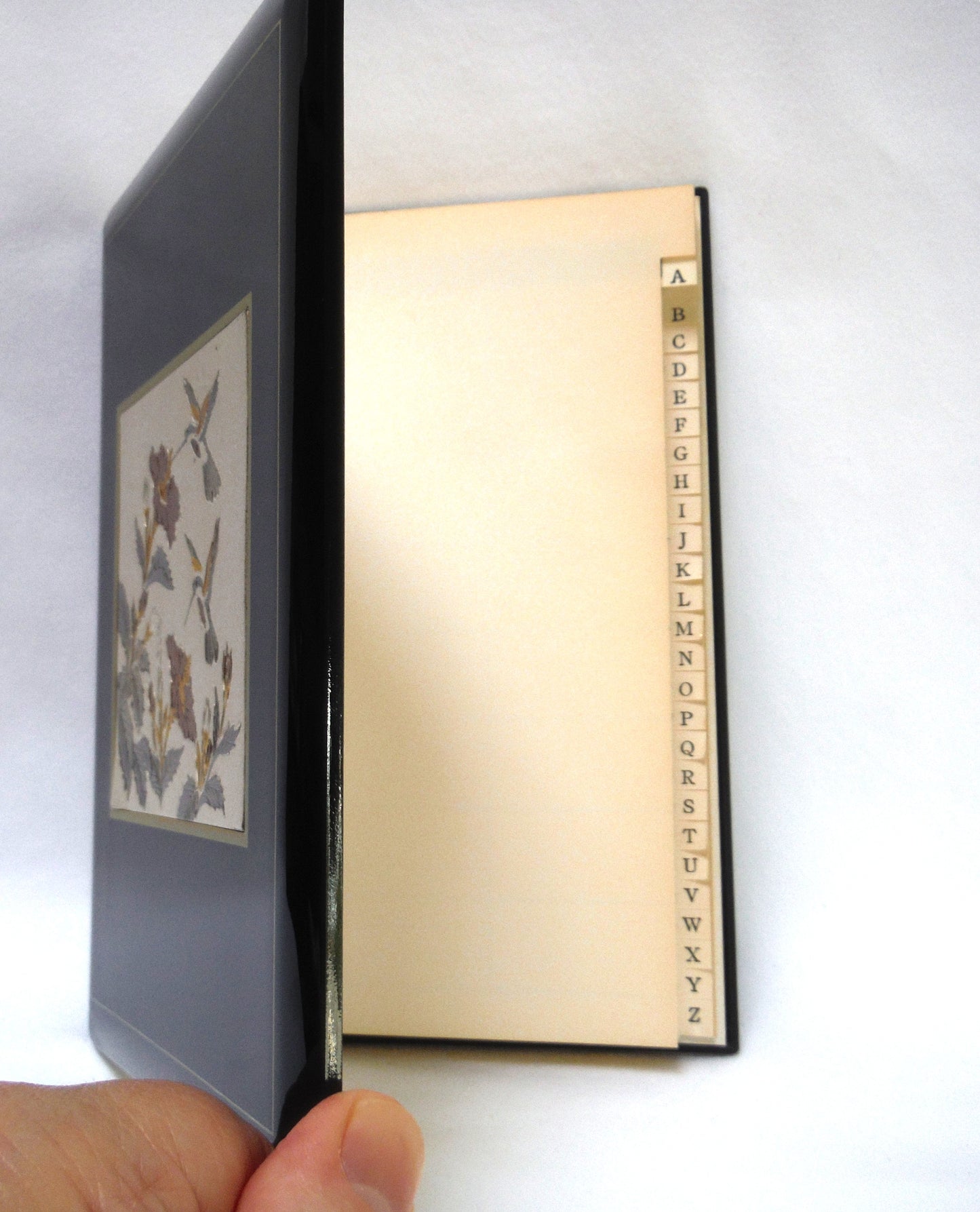 Vintage Address Book Black Lacquer on Bakelite: 'TWO HUMMINGBIRDS FEEDING' Made in Japan