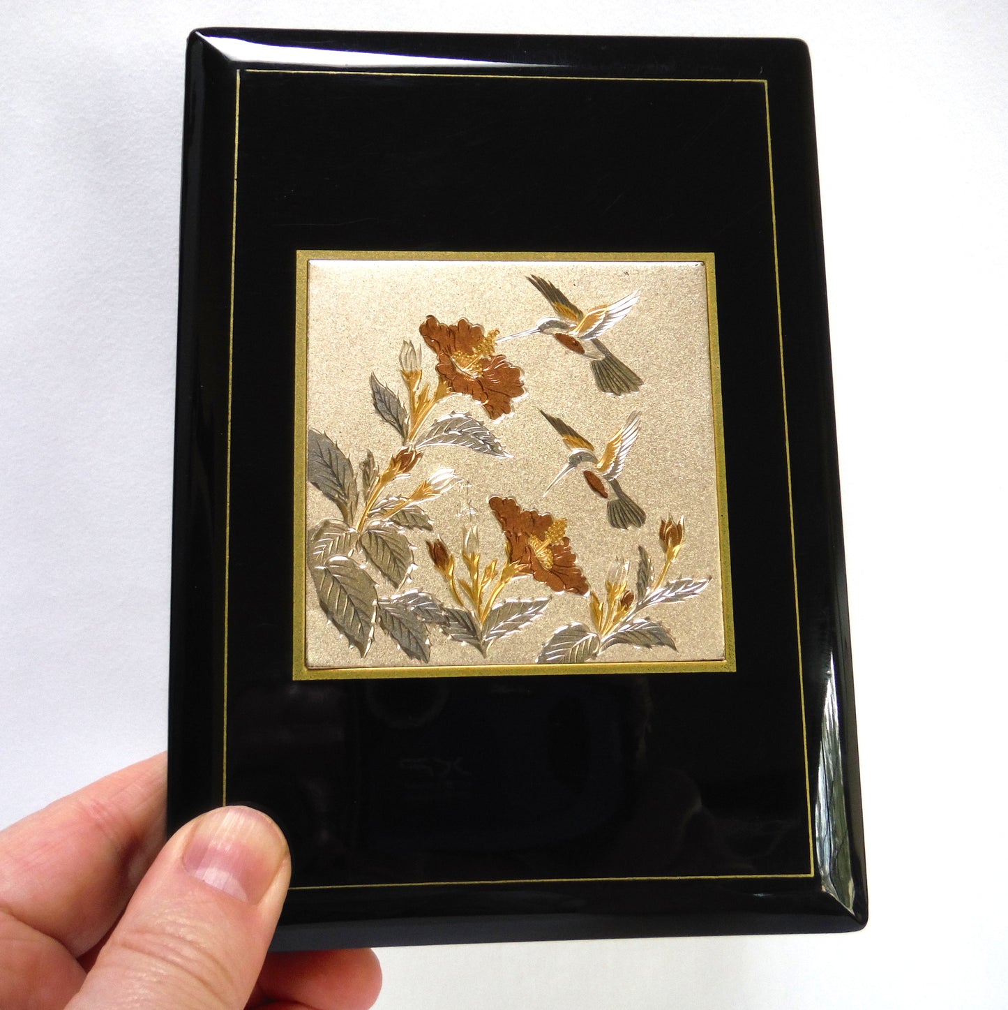 Vintage Address Book Black Lacquer on Bakelite: 'TWO HUMMINGBIRDS FEEDING' Made in Japan