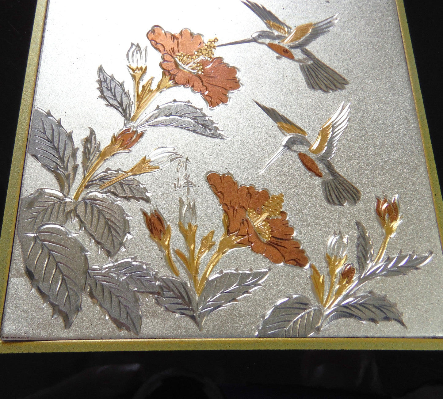 Vintage Address Book Black Lacquer on Bakelite: 'TWO HUMMINGBIRDS FEEDING' Made in Japan
