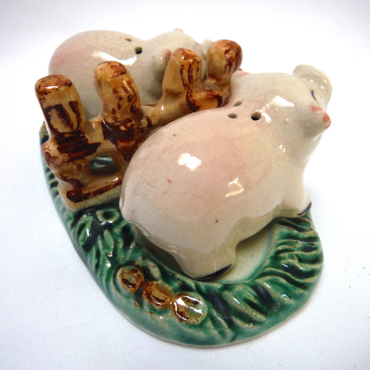 Vintage Made in Japan Hand-Painted 'A Pair of Pigs Salt & Salt Shaker...Busting Loose!'