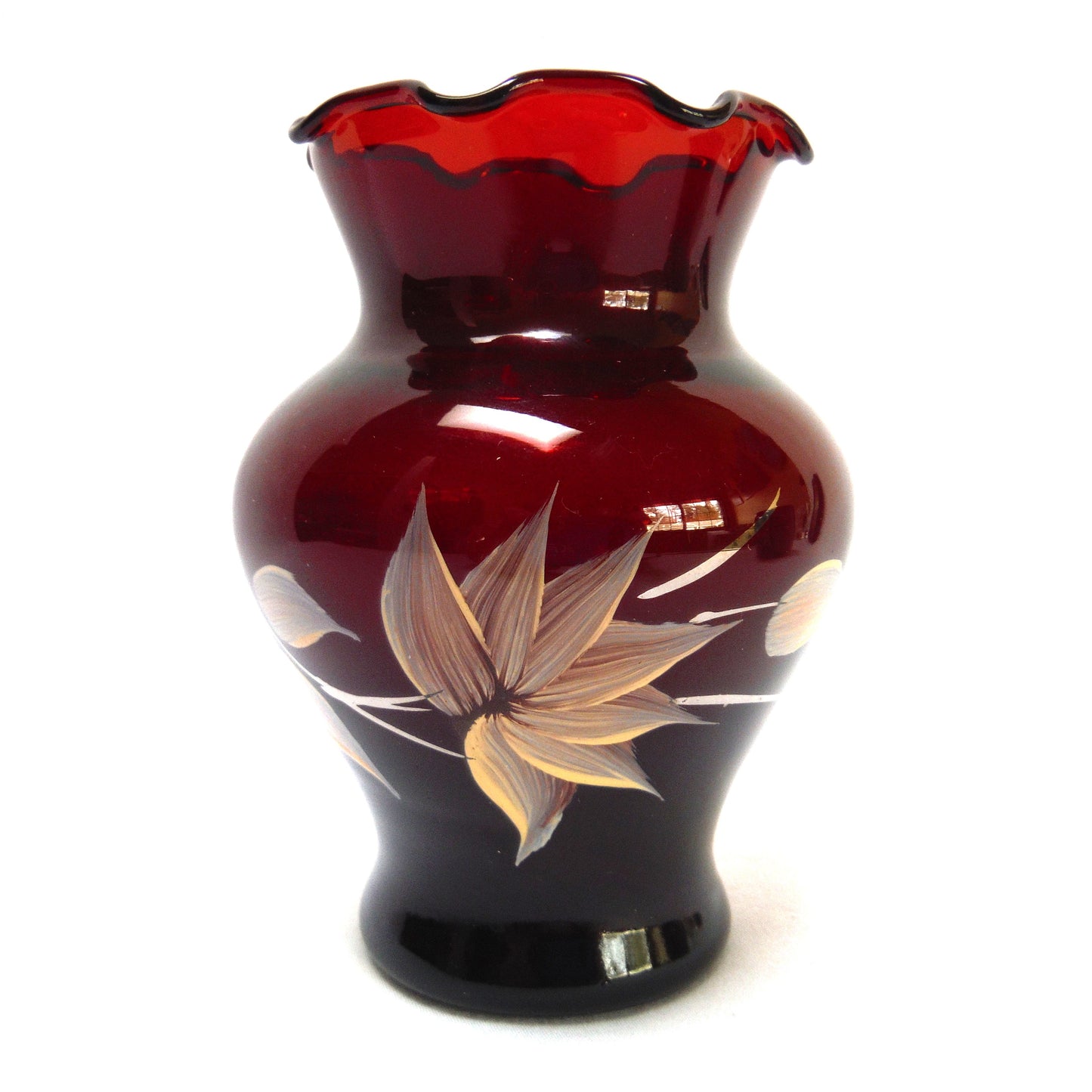 Vintage Anchor Hocking Ruby Red Hand-Painted Floral and Silver-Gilt MINIATURE BUD VASE