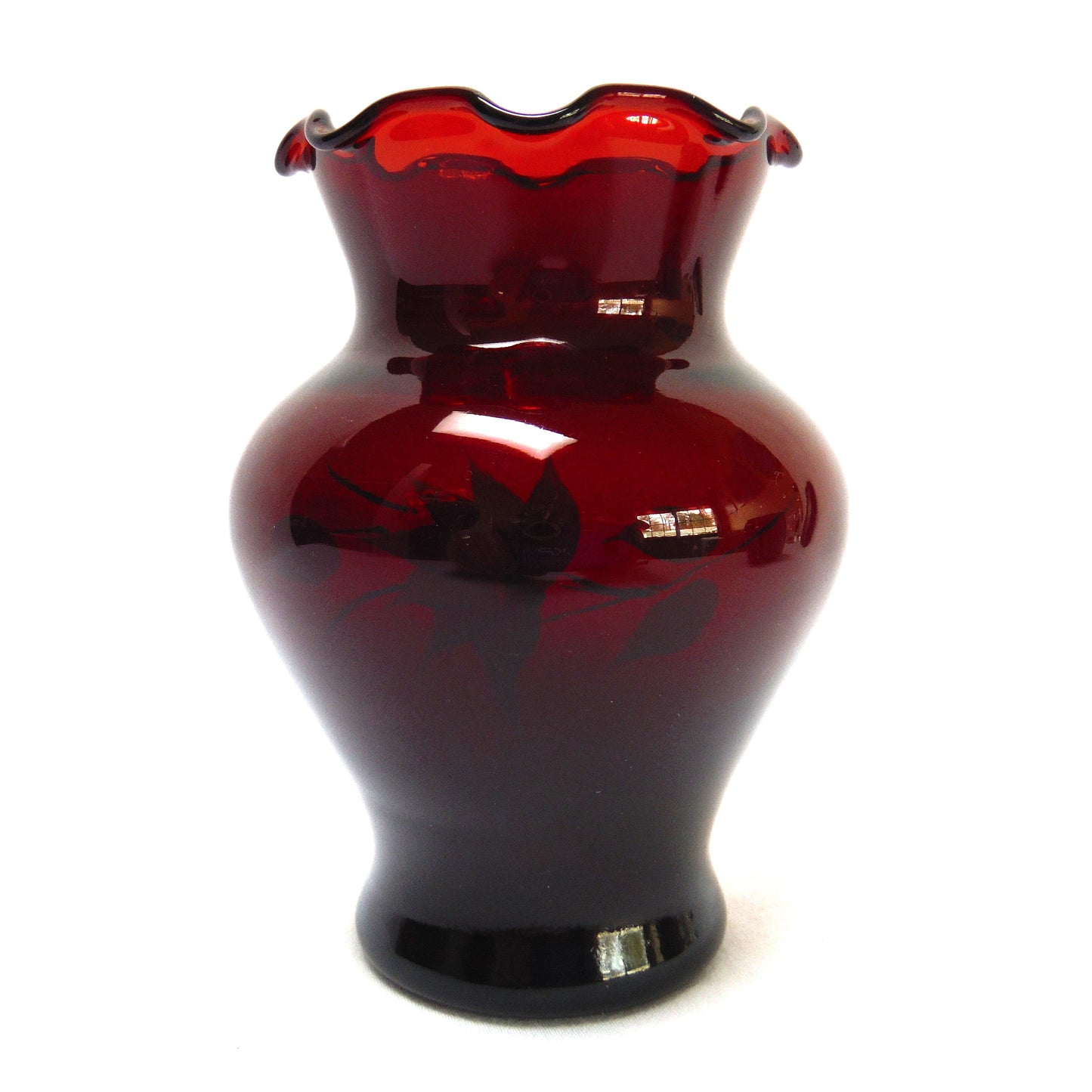 Vintage Anchor Hocking Ruby Red Hand-Painted Floral and Silver-Gilt MINIATURE BUD VASE