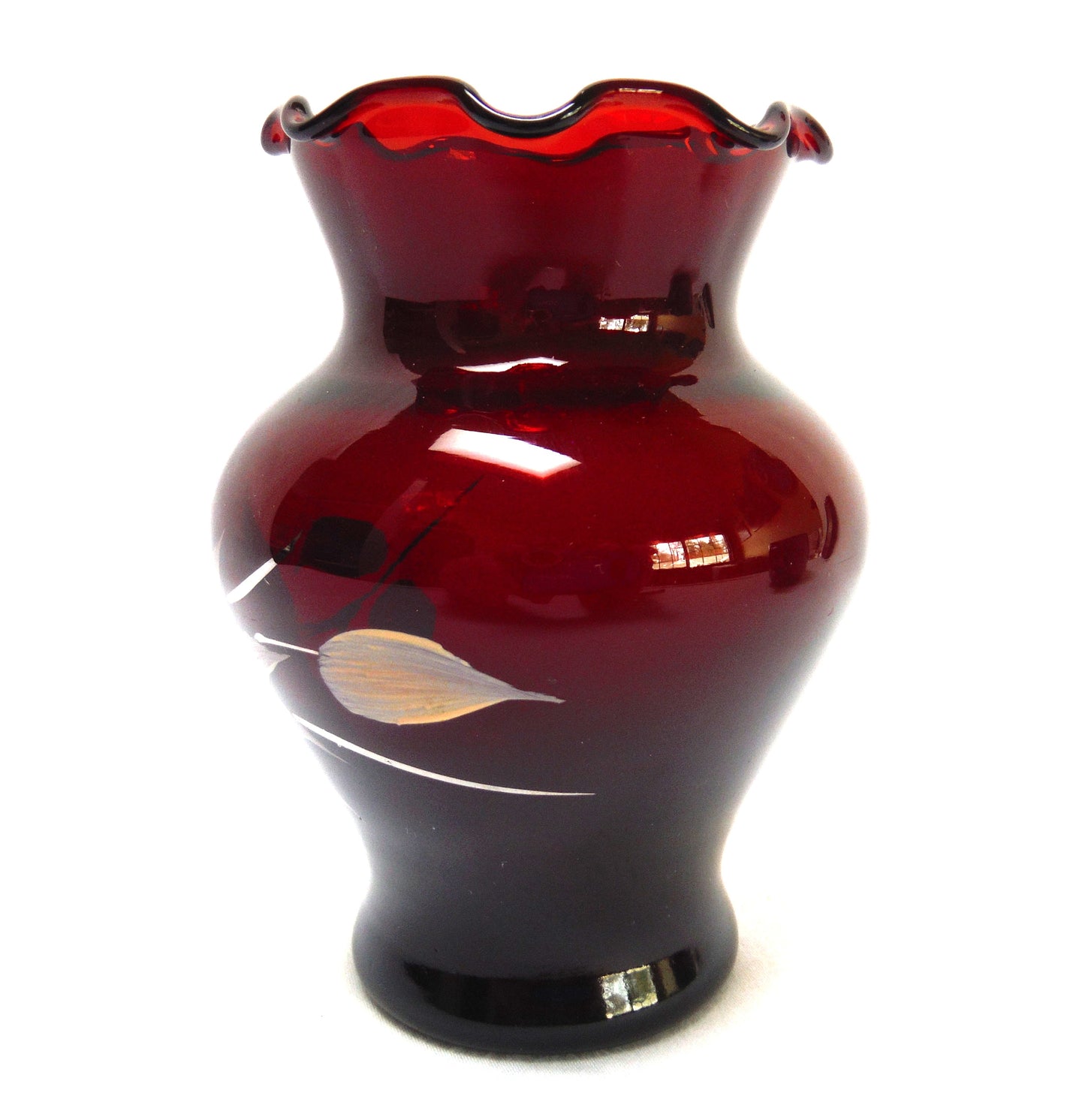 Vintage Anchor Hocking Ruby Red Hand-Painted Floral and Silver-Gilt MINIATURE BUD VASE