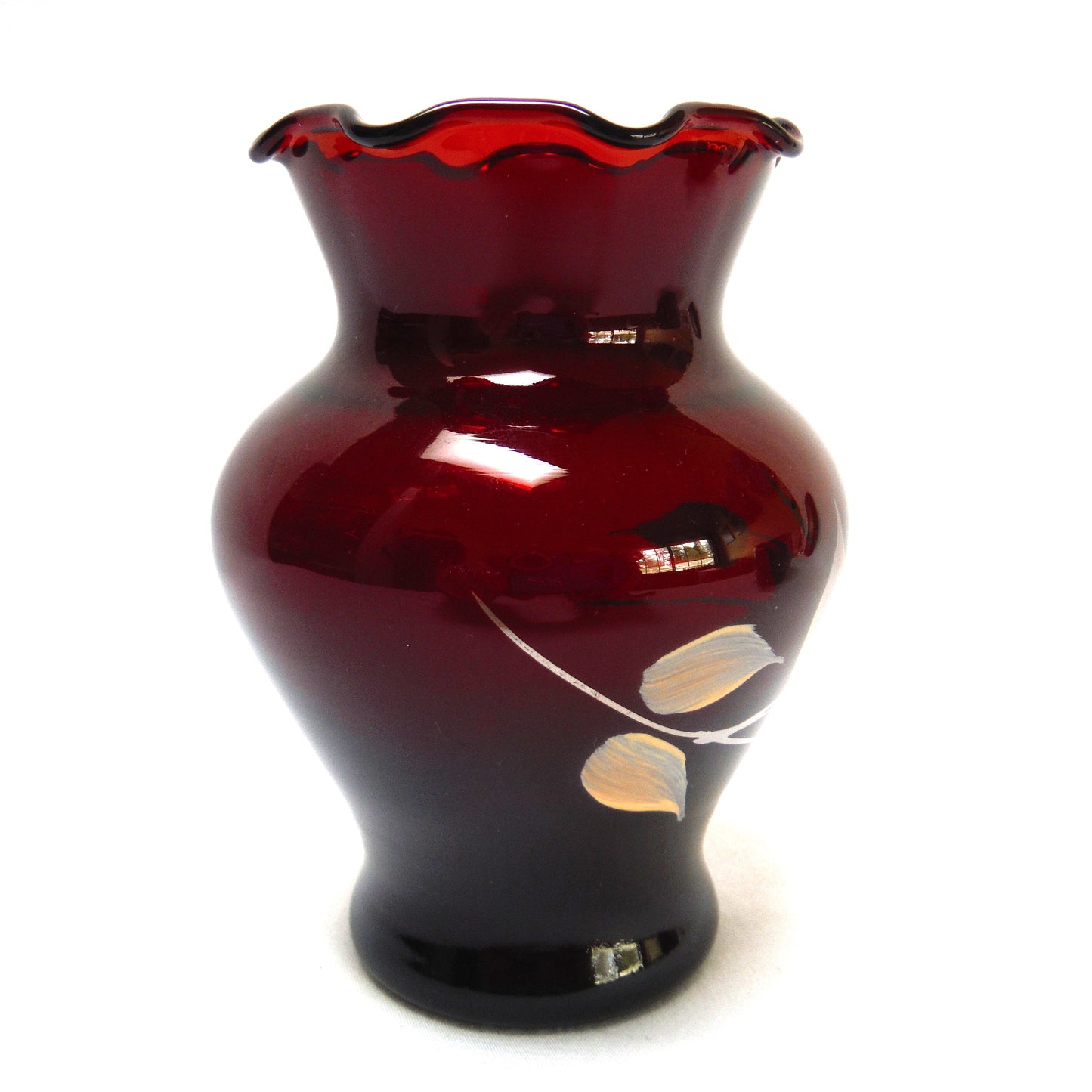 Vintage Anchor Hocking Ruby Red Hand-Painted Floral and Silver-Gilt MINIATURE BUD VASE