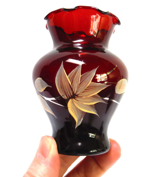 Vintage Anchor Hocking Ruby Red Hand-Painted Floral and Silver-Gilt MINIATURE BUD VASE