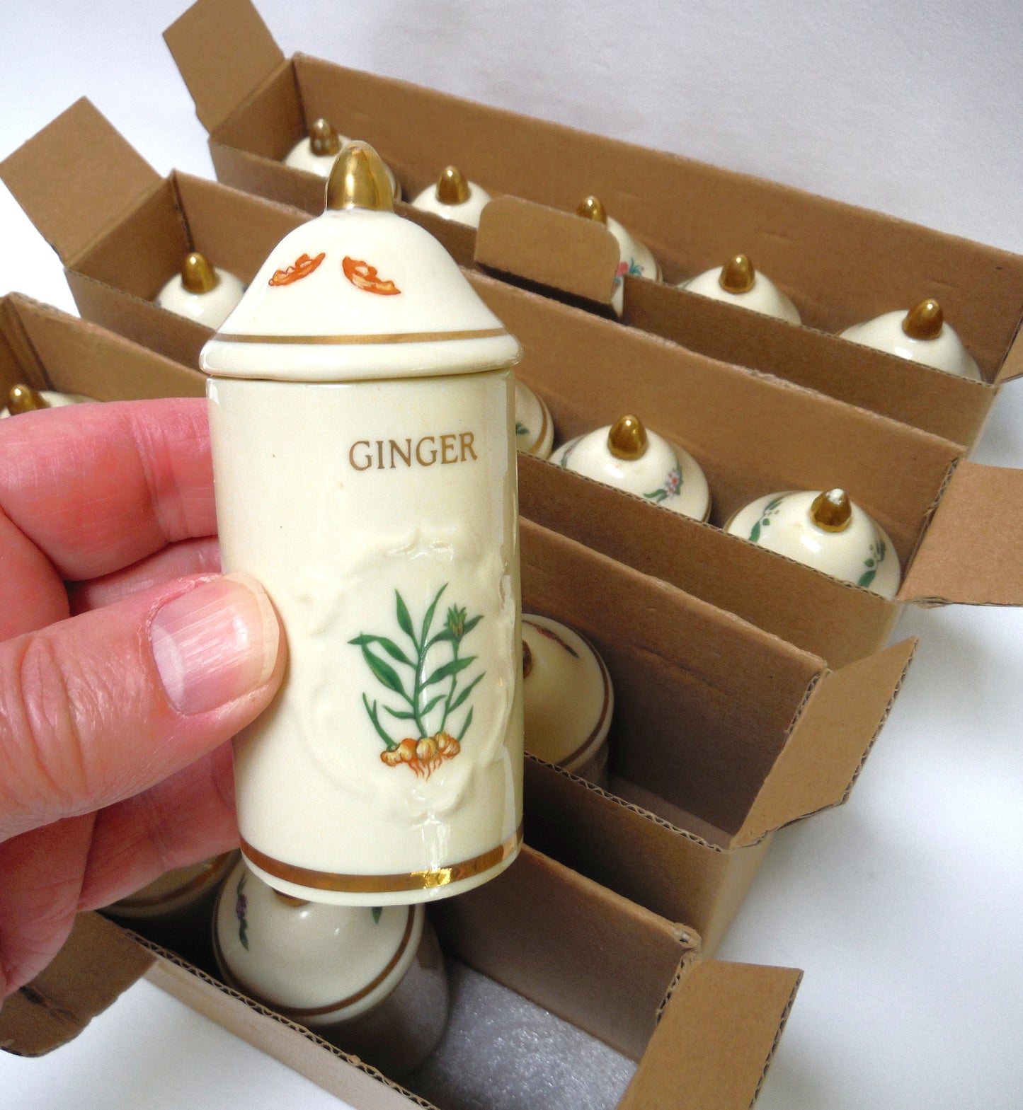 VINTAGE LENOX SPICE GARDEN SPICE JARS: Set of 19 Spice Jars, Crafted of fine Porcelain, Sculpted in Bas-relief, decorated by hand and embellished with 24K Gold.