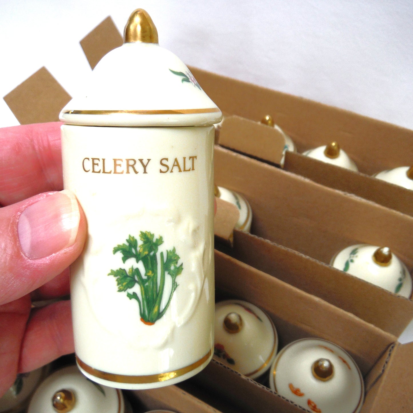 VINTAGE LENOX SPICE GARDEN SPICE JARS: Set of 19 Spice Jars, Crafted of fine Porcelain, Sculpted in Bas-relief, decorated by hand and embellished with 24K Gold.