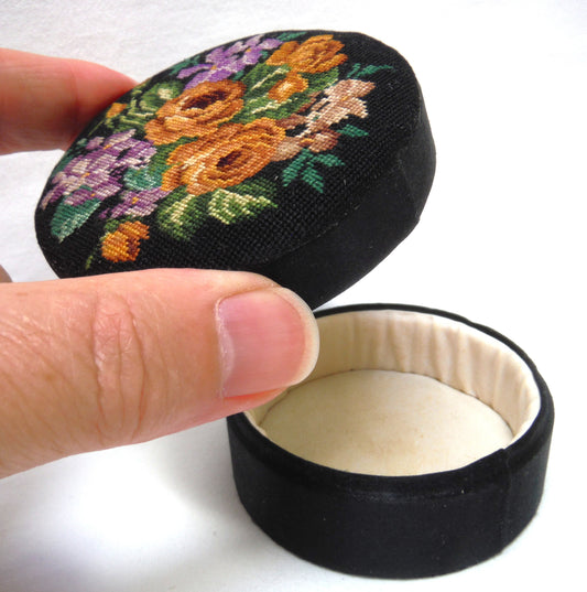 VINTAGE AND RARE! Hand-Embroidered Small Round Jewelry Box, with Removable Lid and In-laid Original Mirror