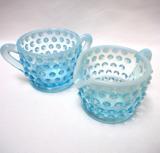 VINTAGE MINI CREAMER AND SUGAR SET: Fenton Aqua Blue Hob Nail