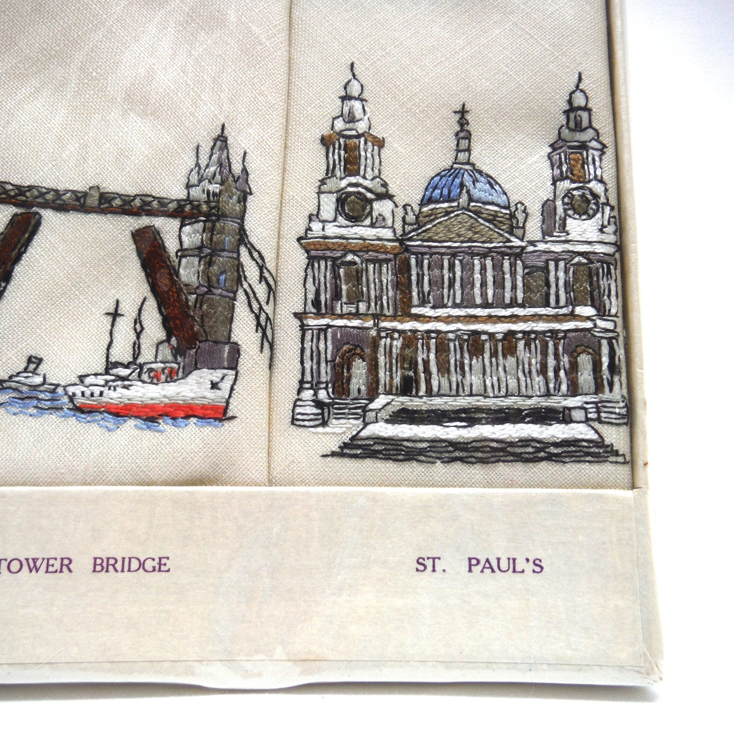 Set of Six 1950's Irish Linen Embroidered Napkins: LONDON SCENES, by The Sundew Company of Ireland.