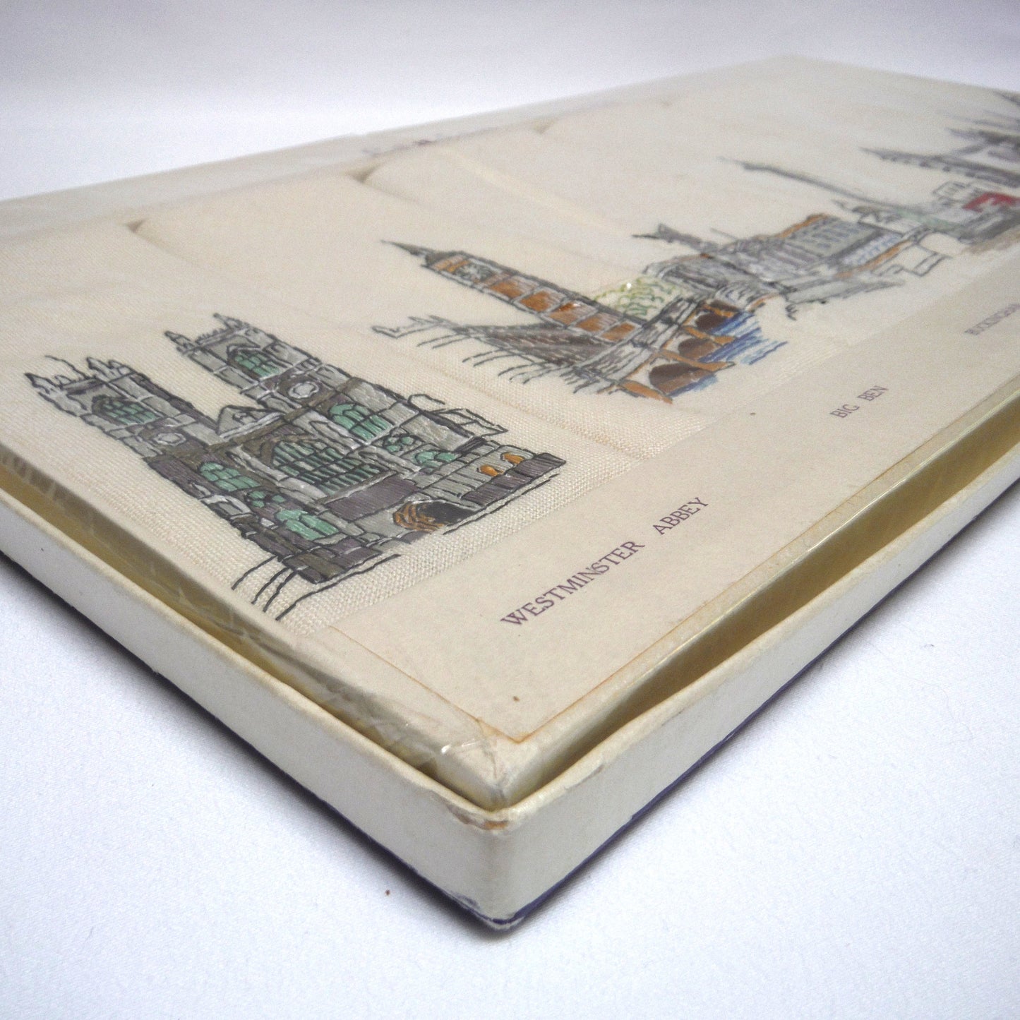 Set of Six 1950's Irish Linen Embroidered Napkins: LONDON SCENES, by The Sundew Company of Ireland.