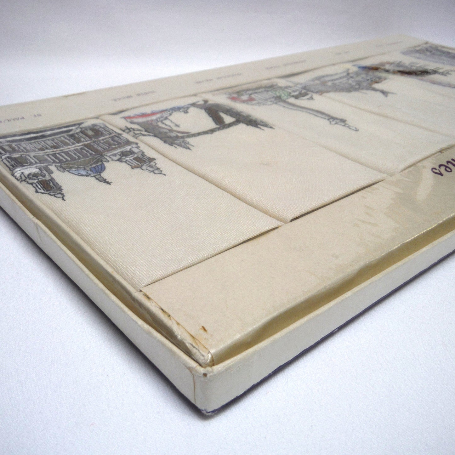 Set of Six 1950's Irish Linen Embroidered Napkins: LONDON SCENES, by The Sundew Company of Ireland.
