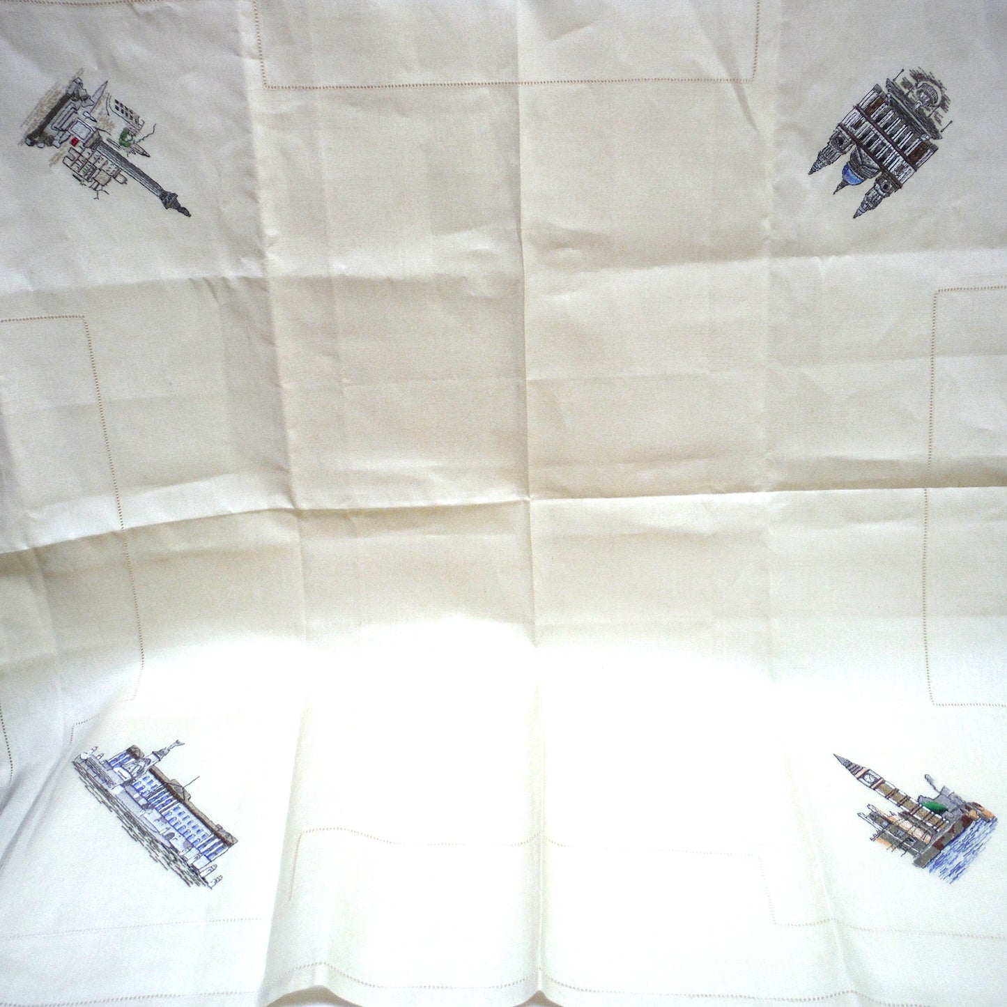 Set of Six 1950's Irish Linen Embroidered Napkins: LONDON SCENES, by The Sundew Company of Ireland.