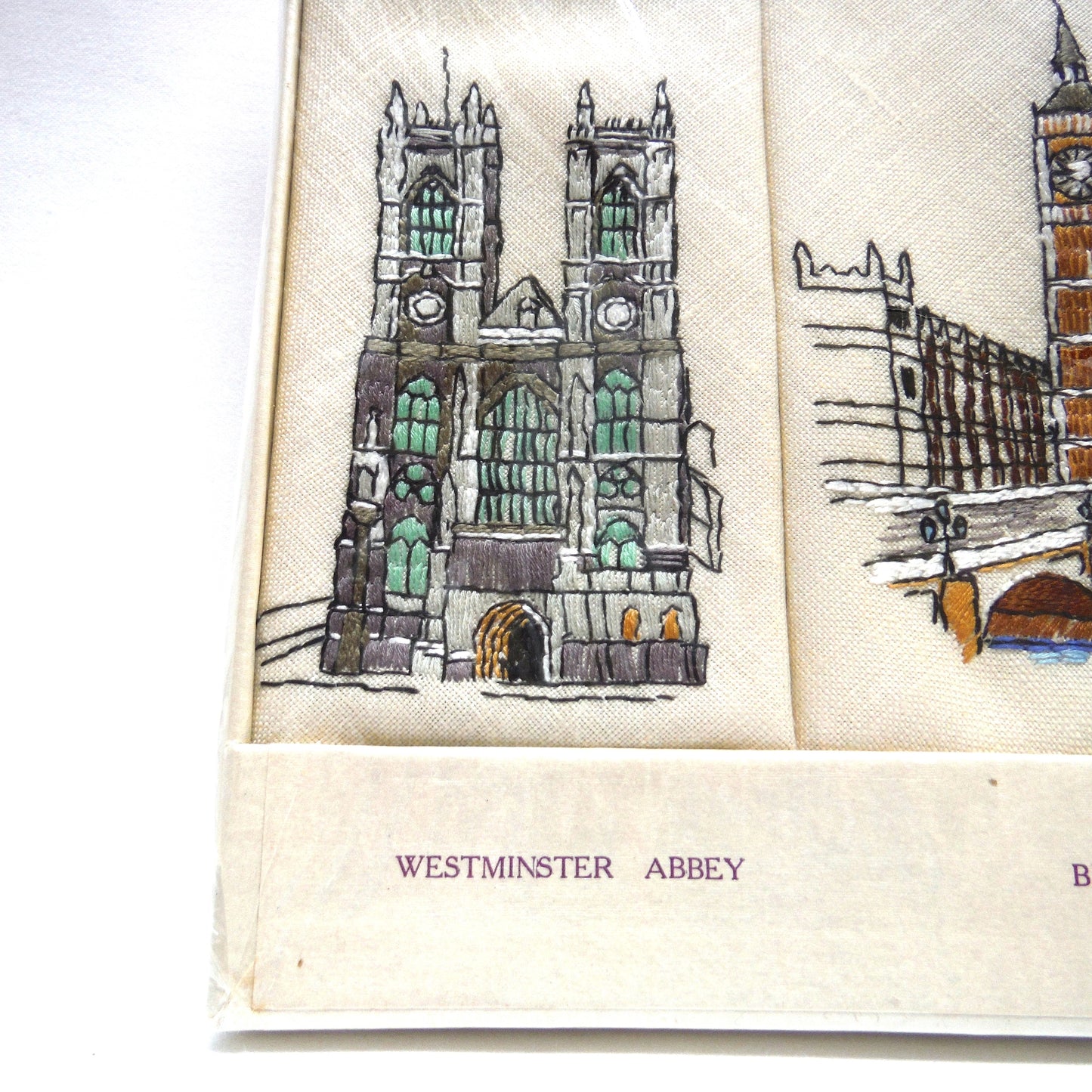 Set of Six 1950's Irish Linen Embroidered Napkins: LONDON SCENES, by The Sundew Company of Ireland.