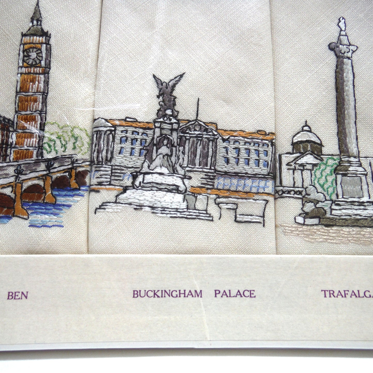 Set of Six 1950's Irish Linen Embroidered Napkins: LONDON SCENES, by The Sundew Company of Ireland.