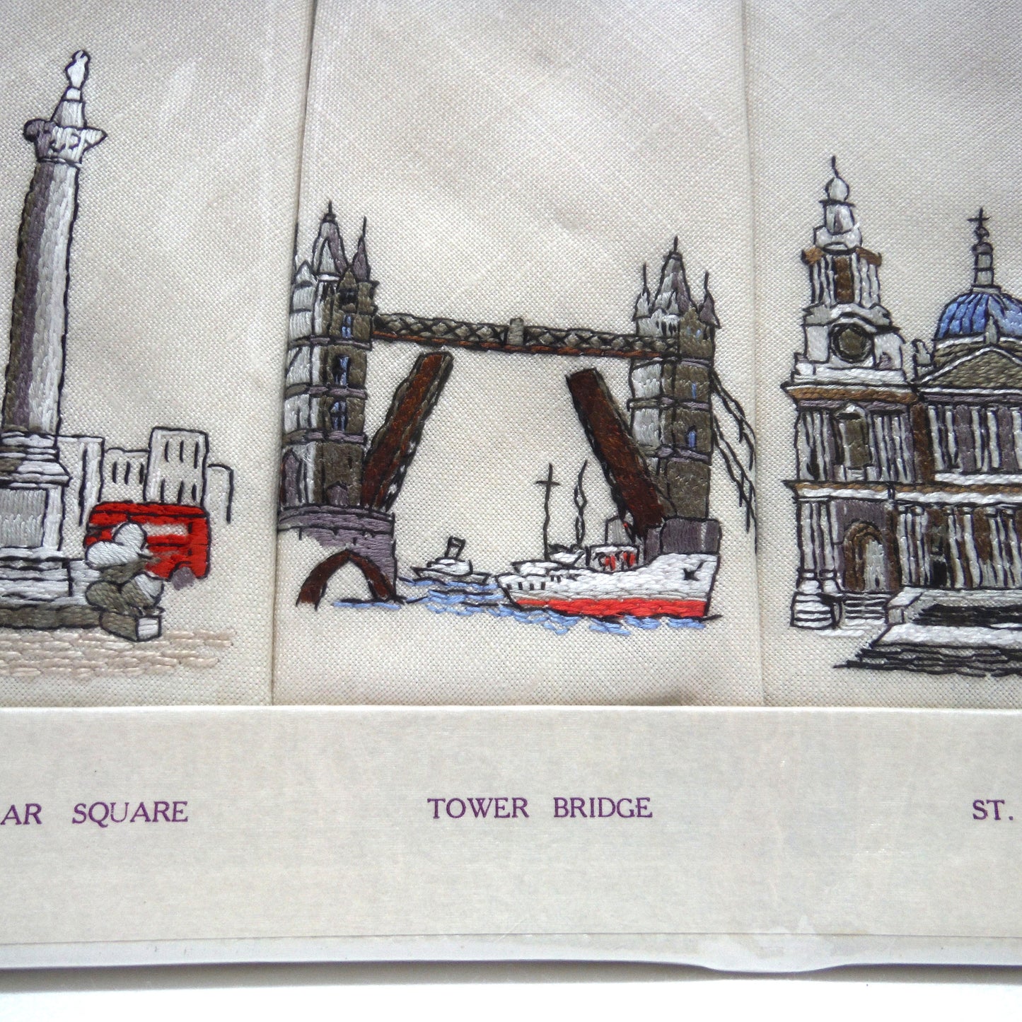 Set of Six 1950's Irish Linen Embroidered Napkins: LONDON SCENES, by The Sundew Company of Ireland.