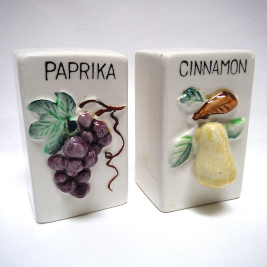 Vintage Pair of Made in Japan White Rectangular Spice Jars with 3-D Design: Cinnamon & Paprika