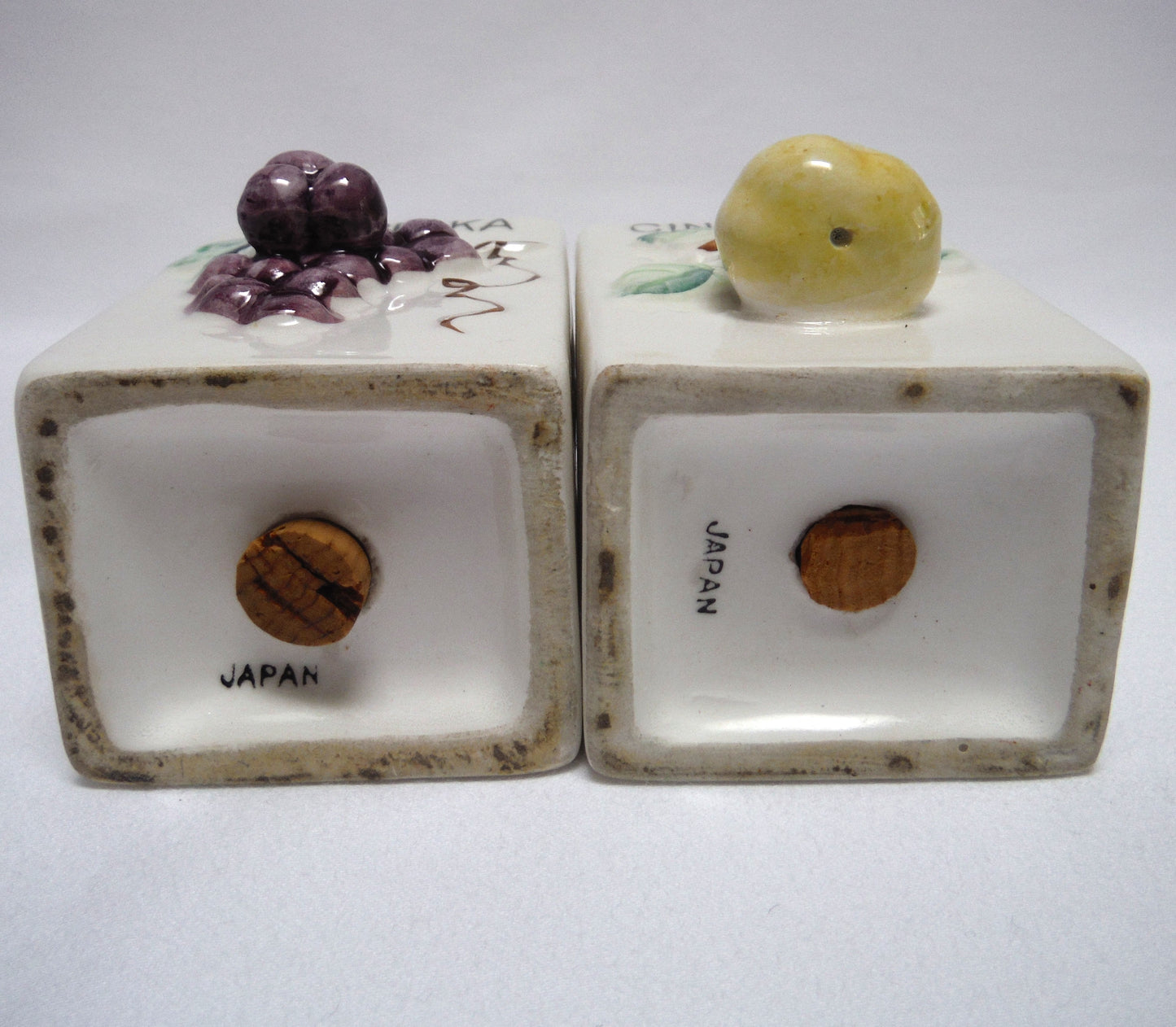 Vintage Pair of Made in Japan White Rectangular Spice Jars with 3-D Design: Cinnamon & Paprika